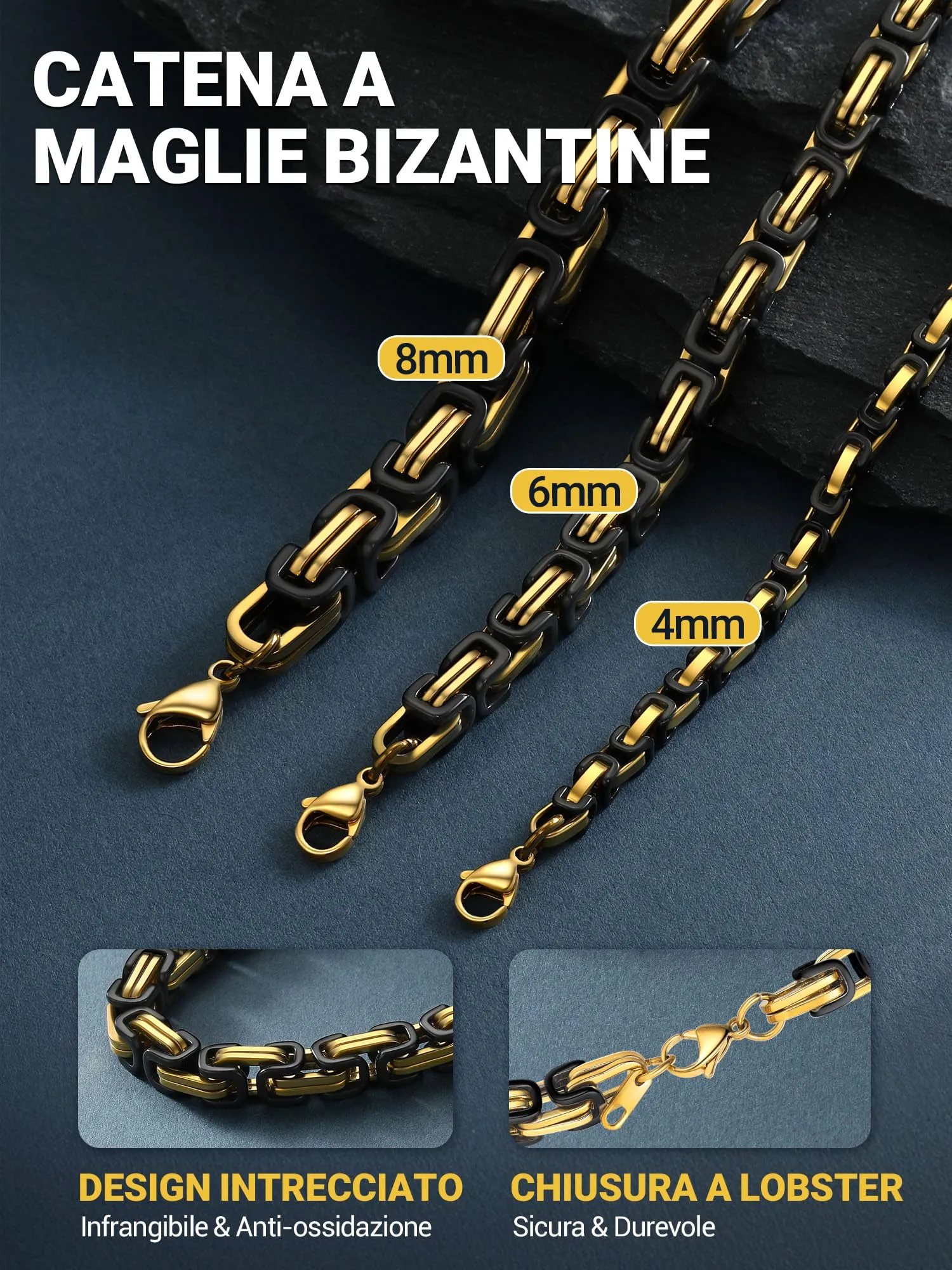 PROSTEEL Collana Uomo Bizantina in Acciaio Inossidabile 4mm Nero, 65cm - immagine 3