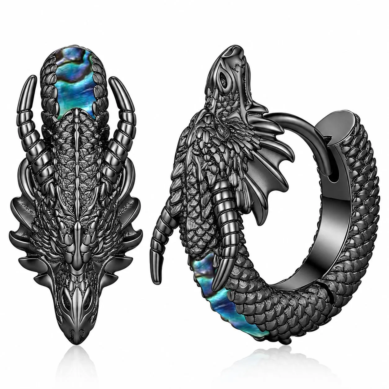 Odinstone Orecchini Viking Dragon da Uomo Cerchi Nordici Nero - immagine 1
