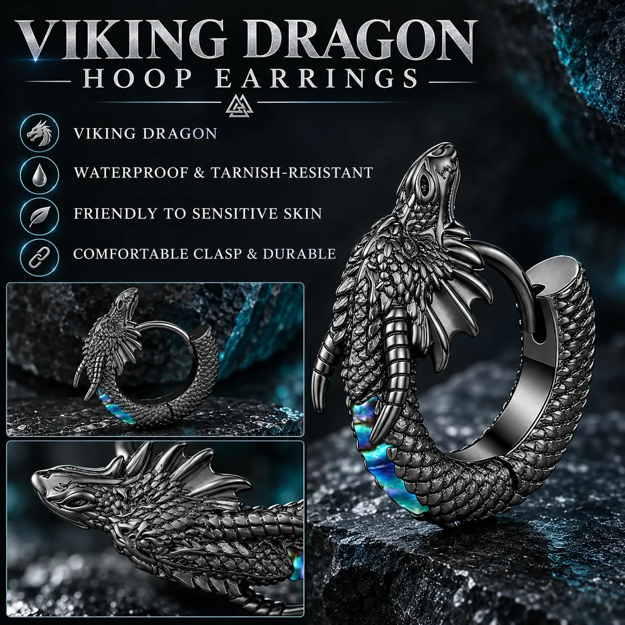 Odinstone Orecchini Viking Dragon da Uomo Cerchi Nordici Nero - immagine 3