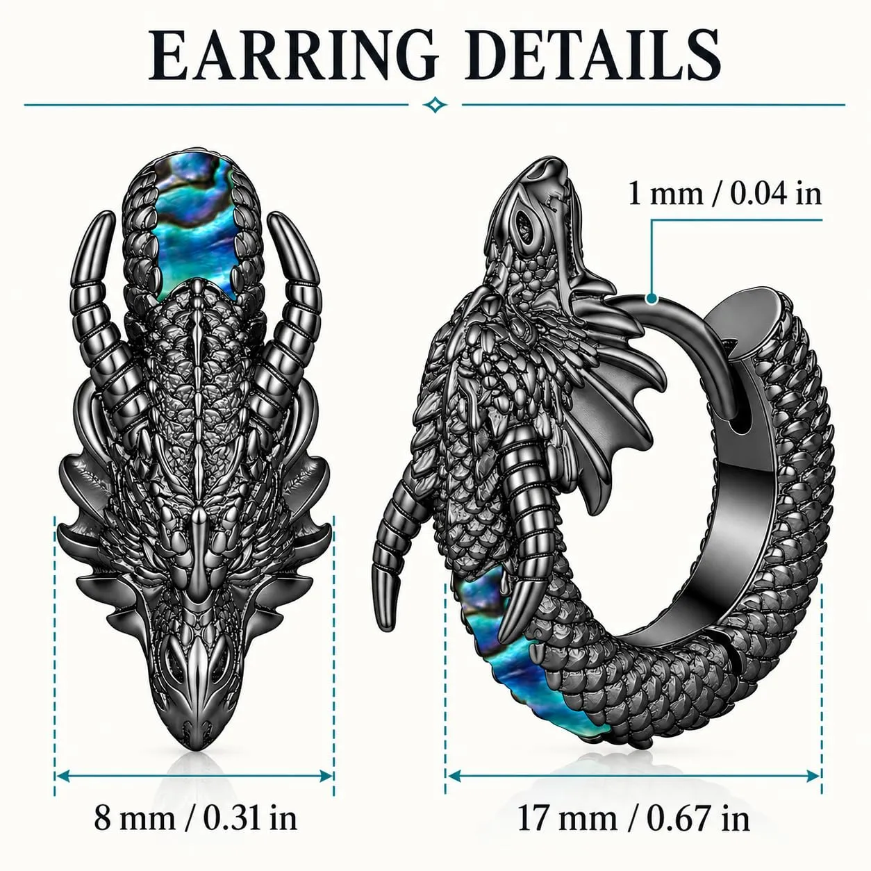 Odinstone Orecchini Viking Dragon da Uomo Cerchi Nordici Nero - immagine 7
