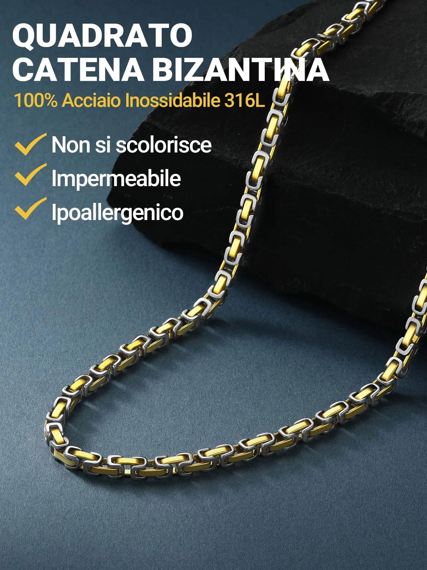 PROSTEEL Collana Uomo Bizantina in Acciaio 4mm 18K Oro - immagine 8