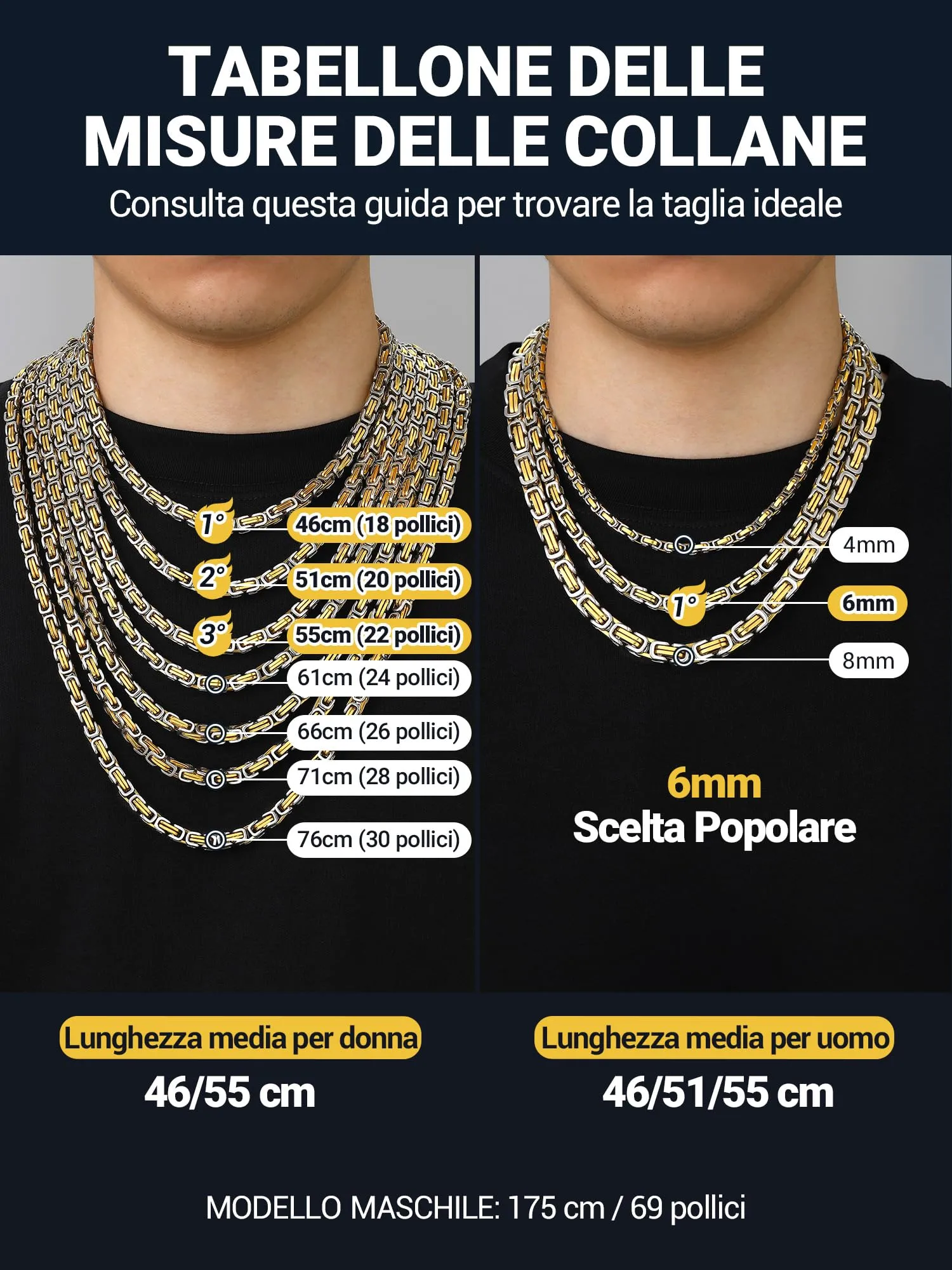 PROSTEEL Collana Uomo Bizantina in Acciaio Inossidabile 6mm, 18K Oro - immagine 3
