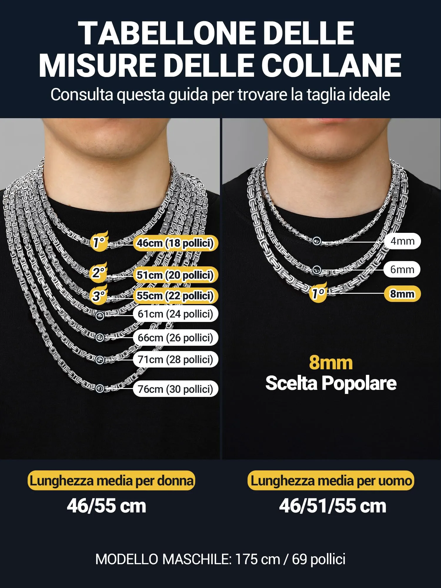 PROSTEEL Collana Uomo Maglia Bizantina in Acciaio Inossidabile 6mm Argento 65cm - immagine 3