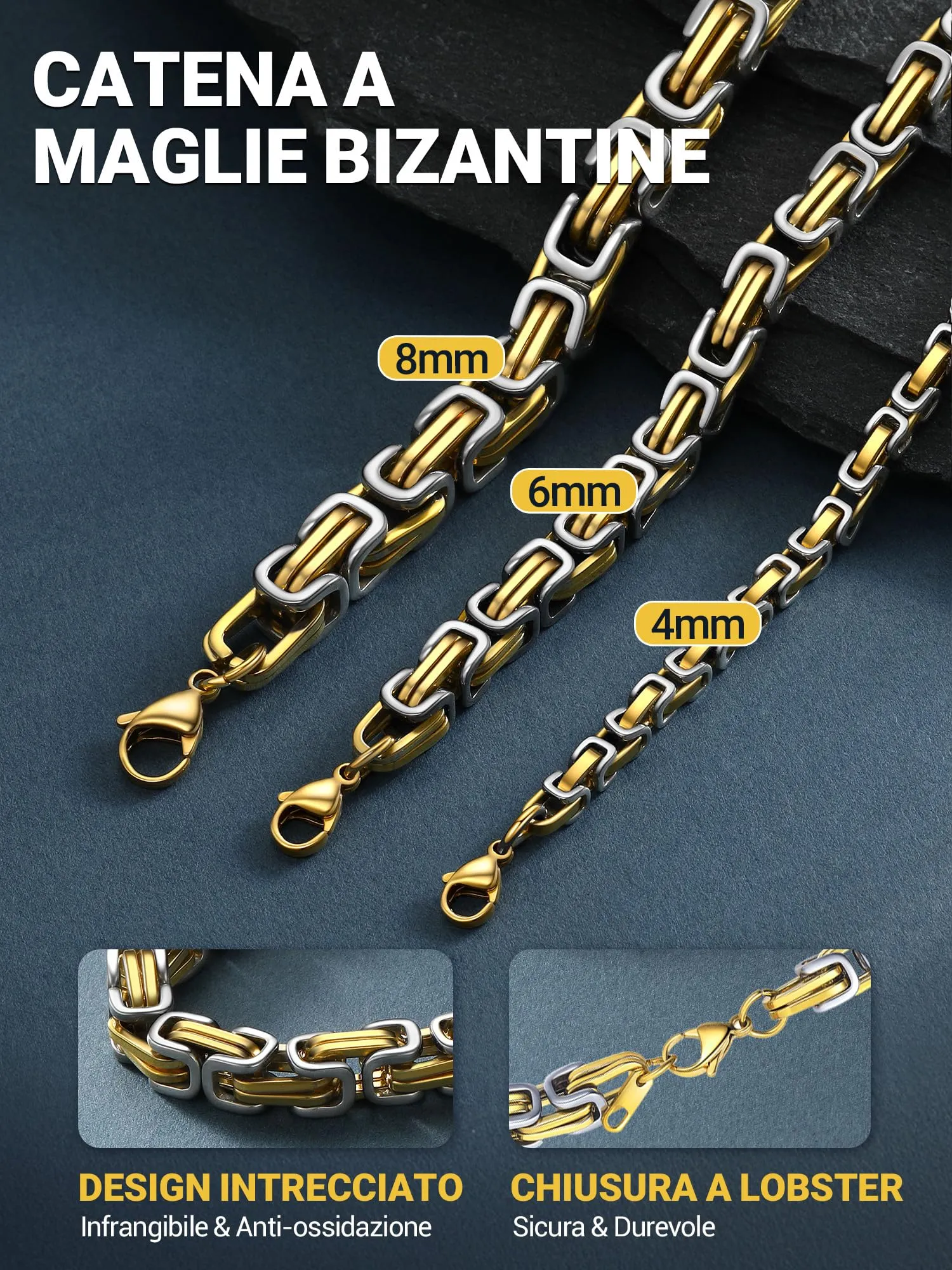 PROSTEEL Collana Uomo Bizantina in Acciaio 4mm 18K Oro - immagine 3