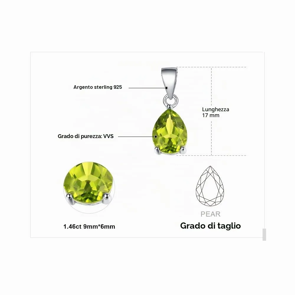 JewelryPalace 1.5ct Natural Green Peridot Pear Solitaire Pendant Necklace 925 Sterling Silver 45cm - immagine 2