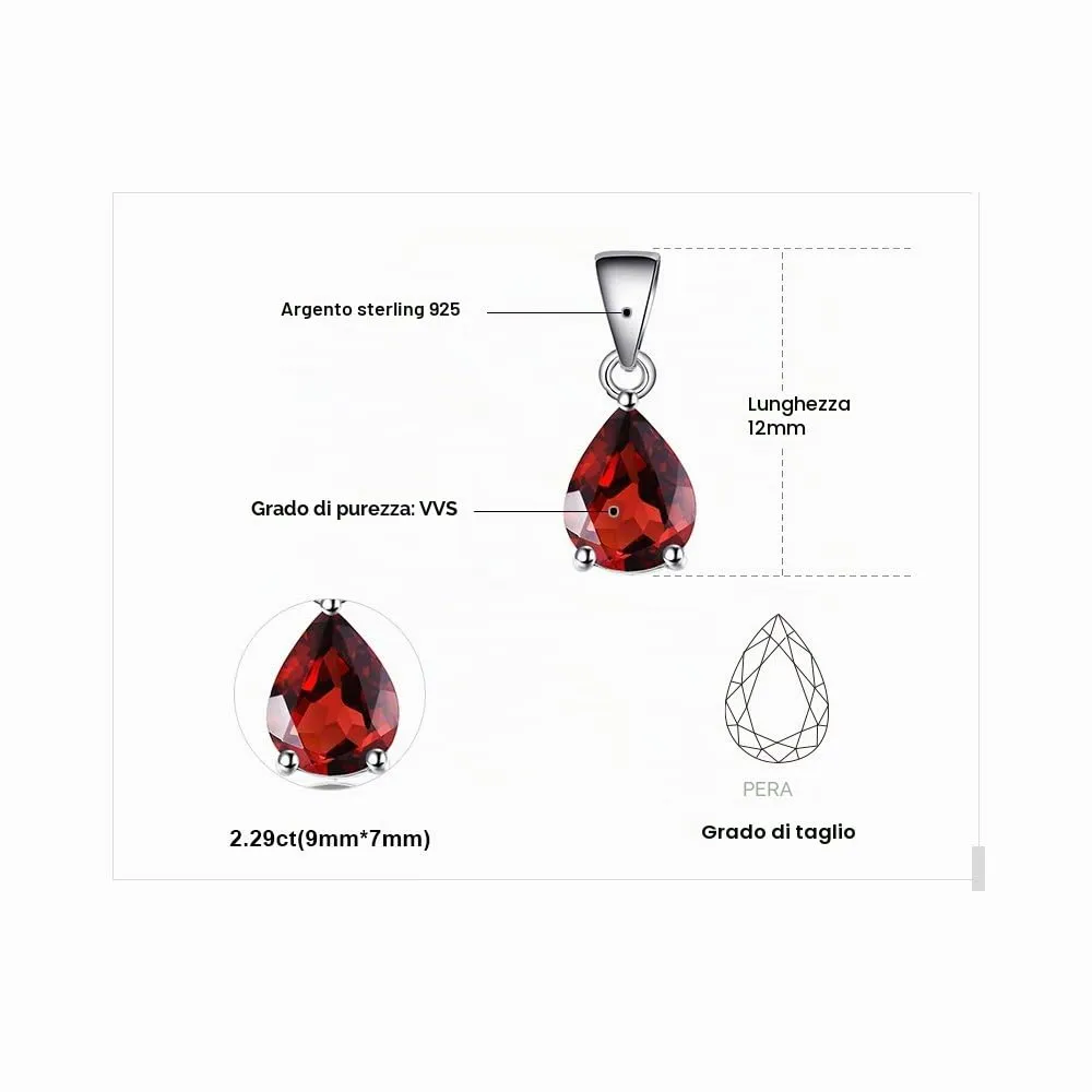 JewelryPalace 2.2ct Natural Red Garnet Pear Solitaire Pendant Necklace 925 Sterling Silver 45cm - immagine 2