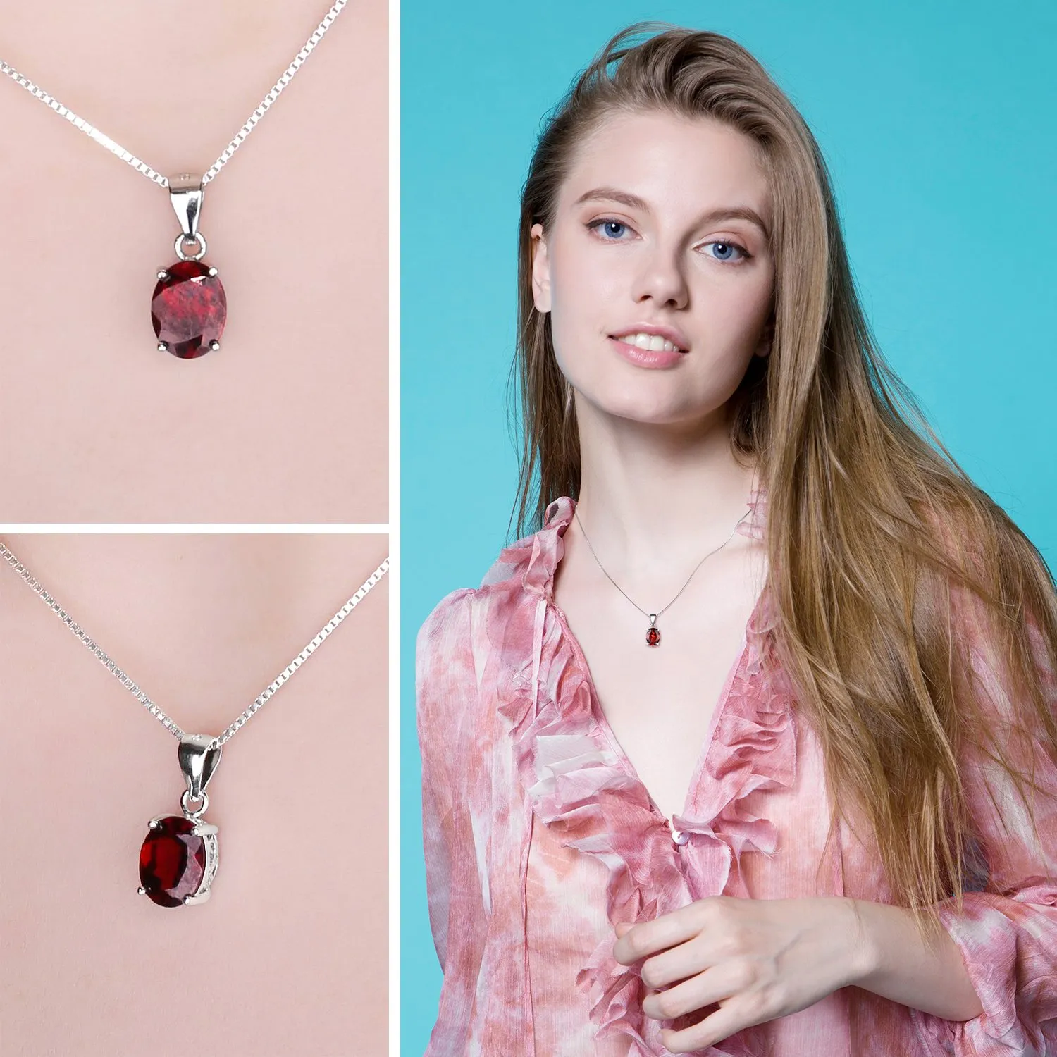 JewelryPalace Collana Pendente Solitario in Argento 925 Sterling con Granato Rosso Naturale 2.5ct Ovale, 45cm - immagine 4