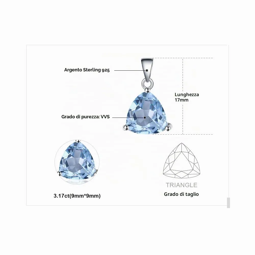 JewelryPalace Triangolo 2.4ct Natural Blue Topaz Solitaire Pendant Necklace 925 Sterling Silver 45cm - immagine 2