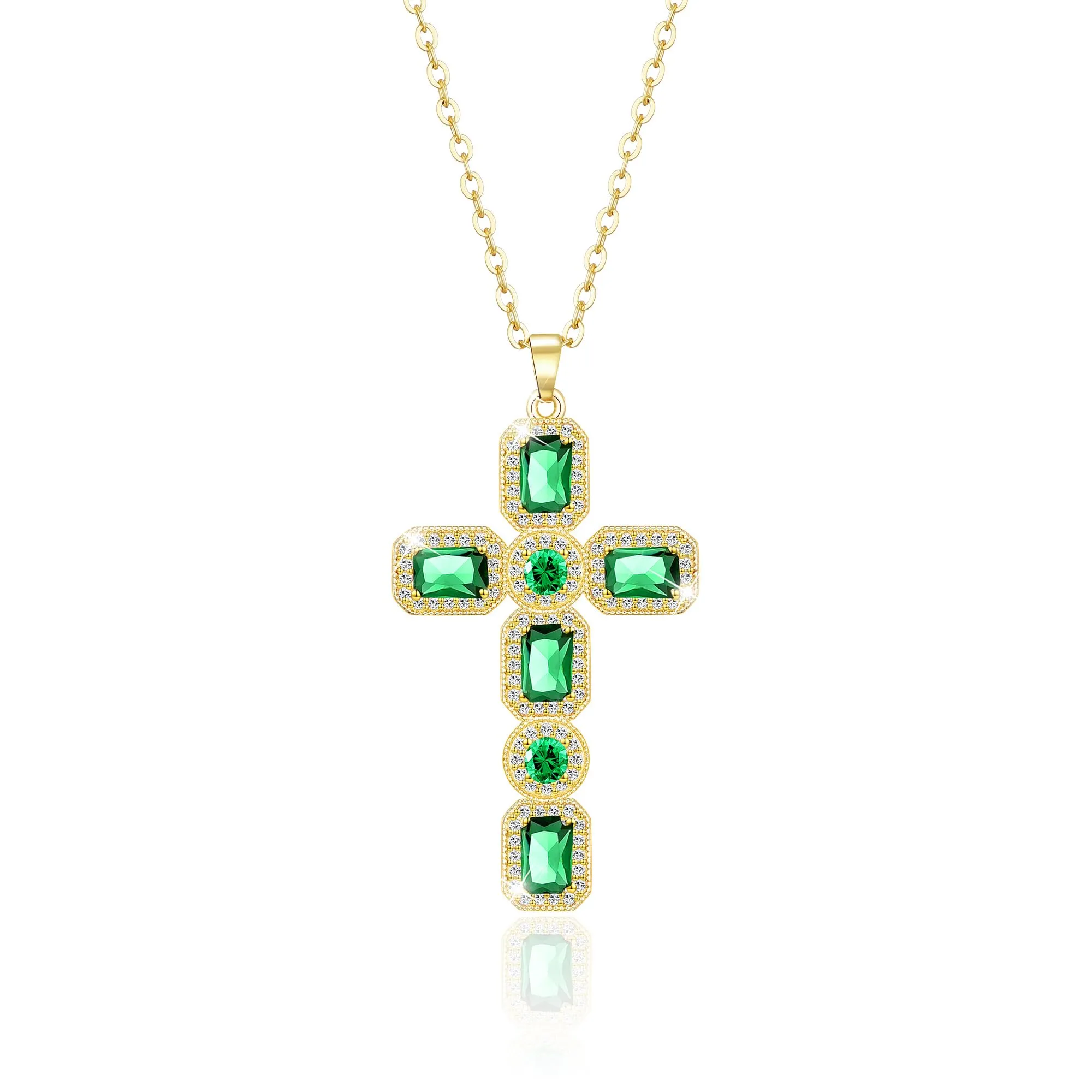 Linawe Collana a croce in oro con pendente in cristallo verde smeraldo e zirconi - immagine 1