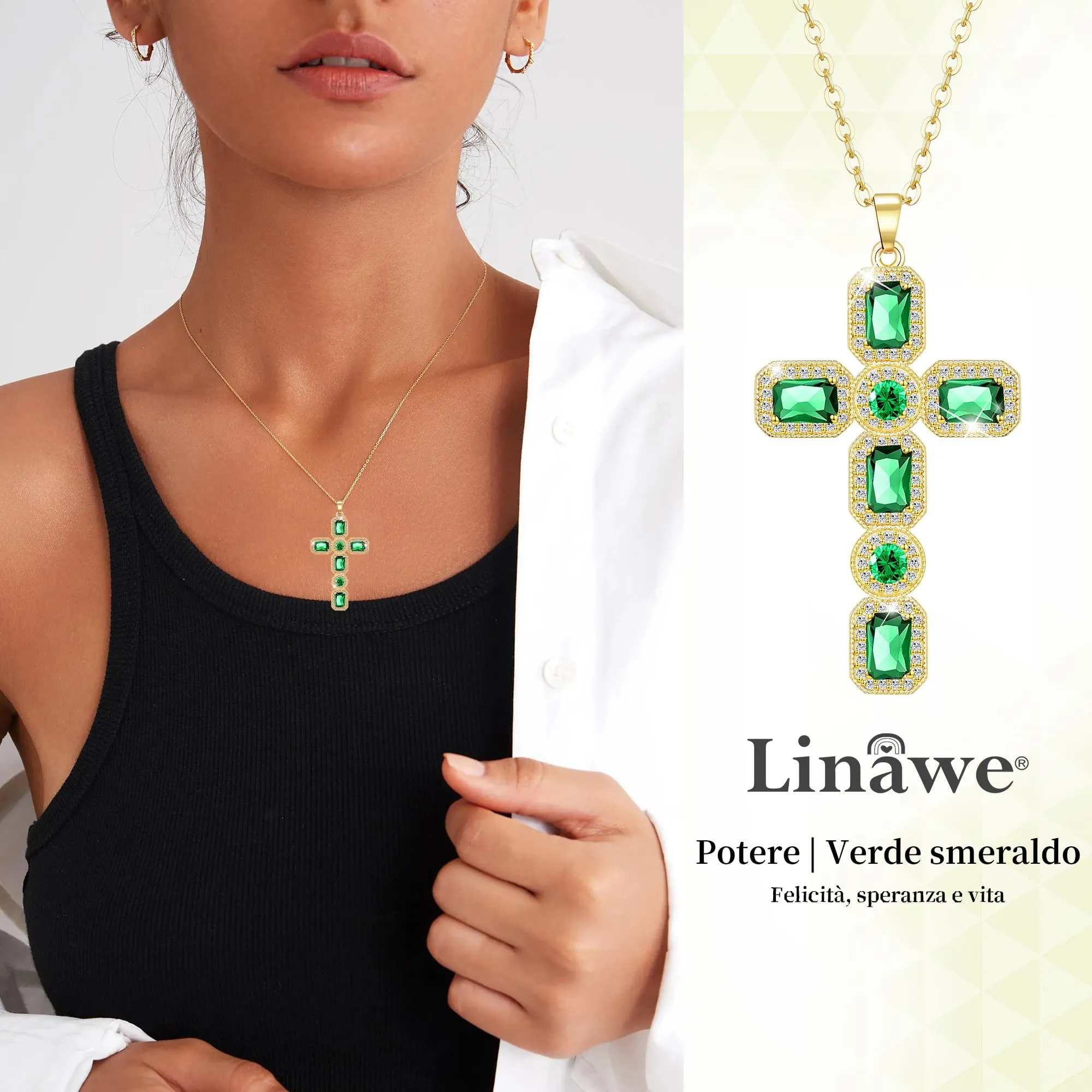 Linawe Collana a croce in oro con pendente in cristallo verde smeraldo e zirconi - immagine 2