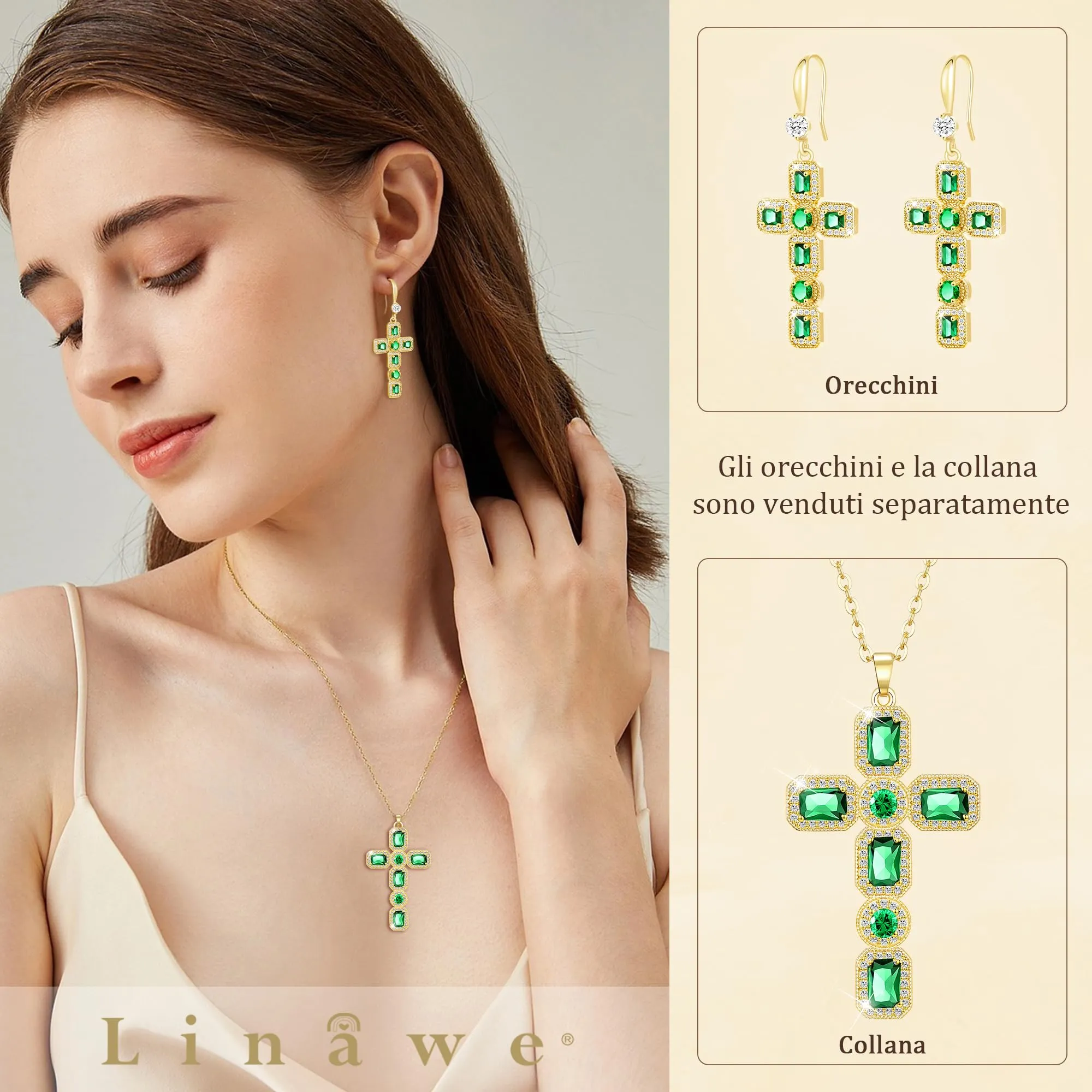Linawe Collana a croce in oro con pendente in cristallo verde smeraldo e zirconi - immagine 3