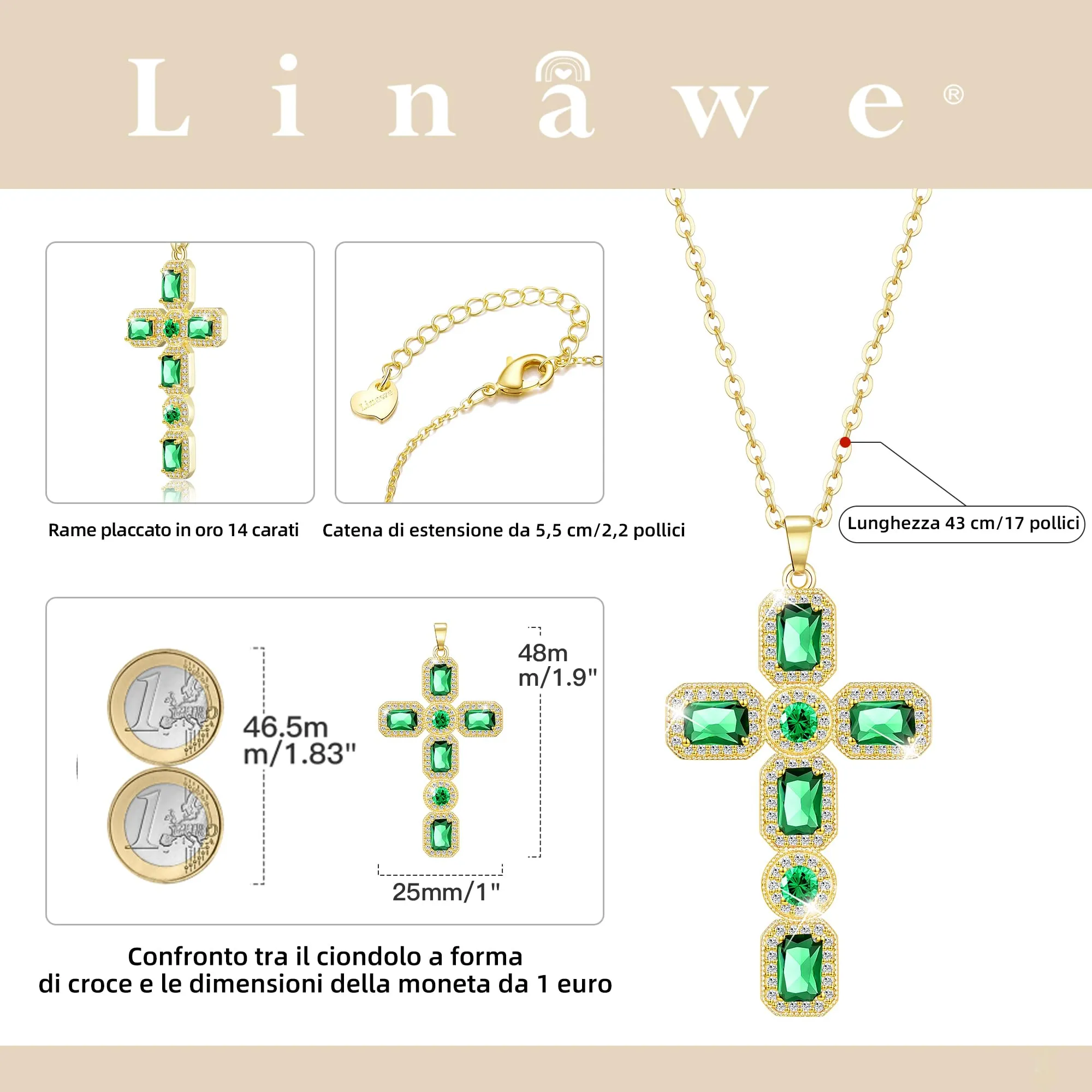 Linawe Collana a croce in oro con pendente in cristallo verde smeraldo e zirconi - immagine 4