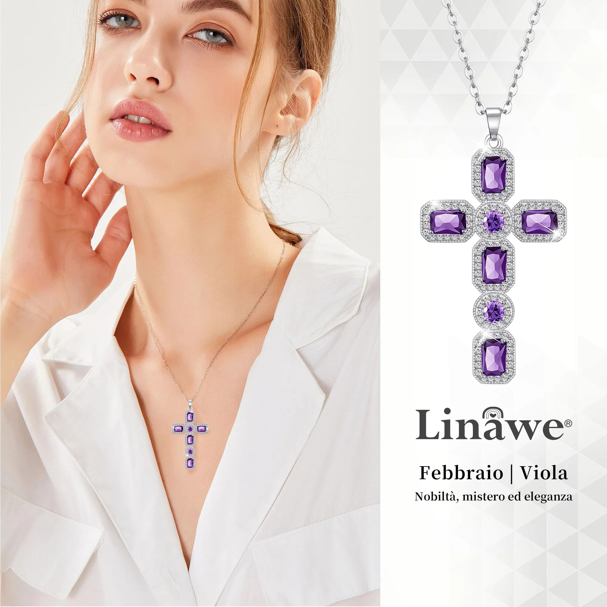 Linawe Collana a croce in argento con ametista e zirconia cubica per donna - immagine 2