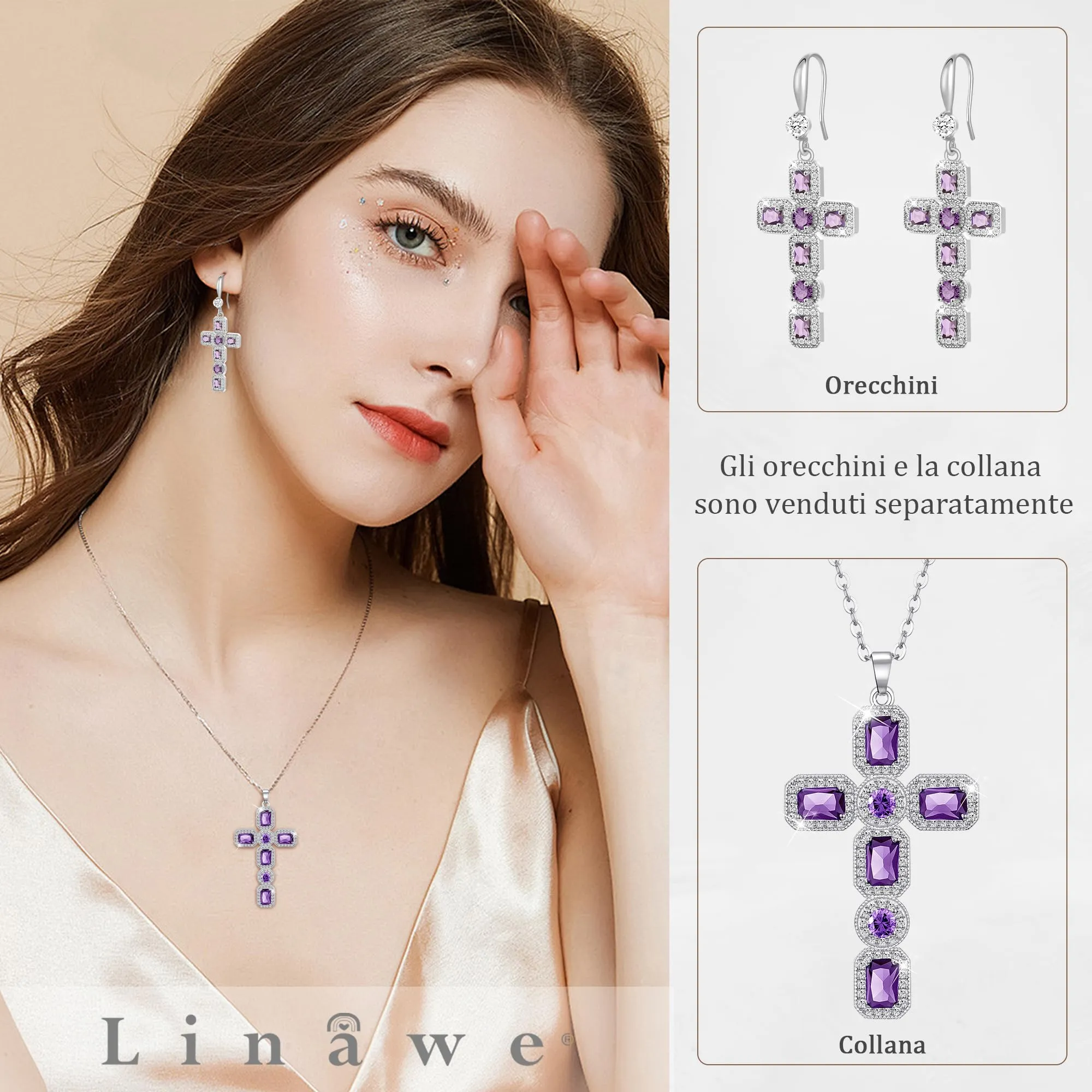Linawe Collana a croce in argento con ametista e zirconia cubica per donna - immagine 3