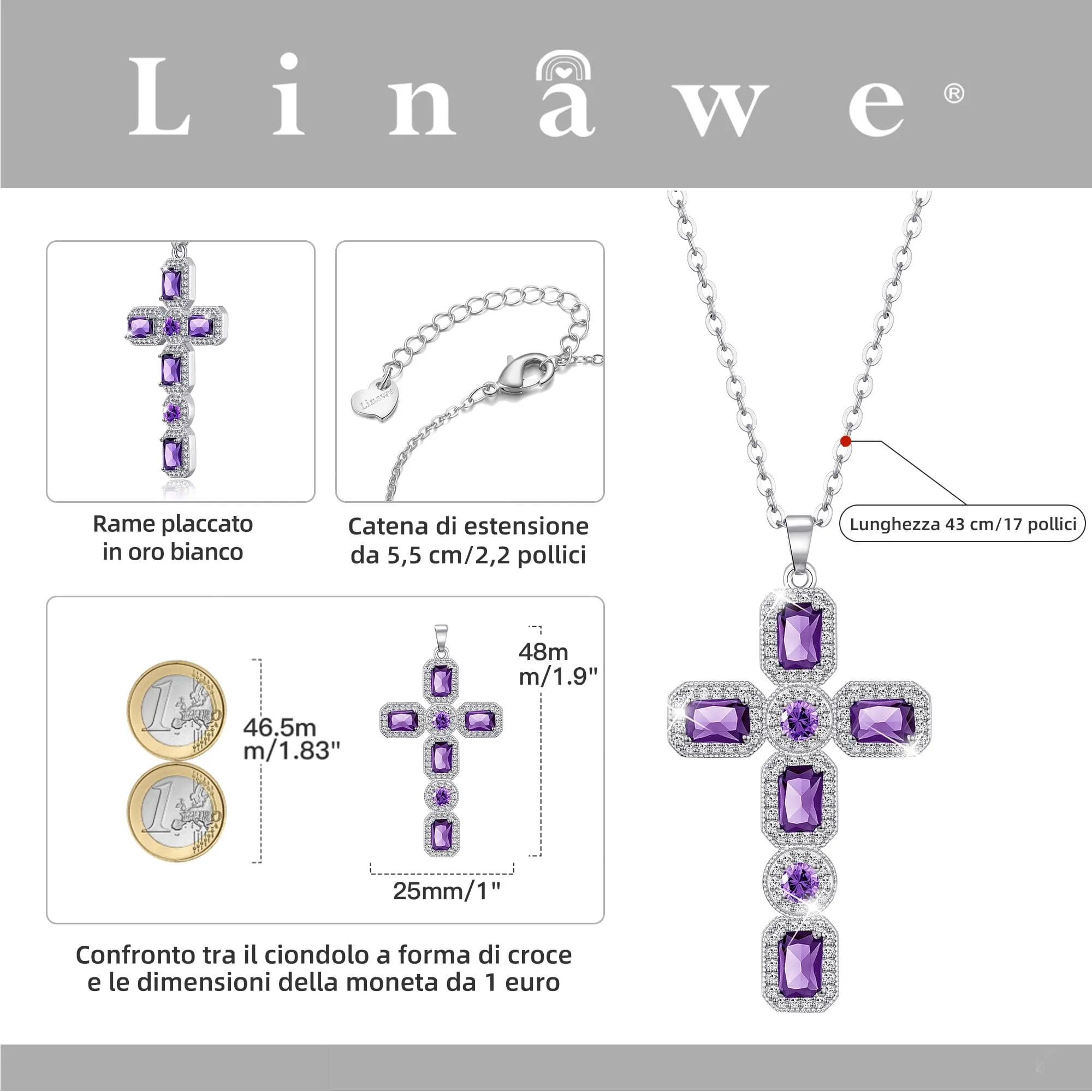 Linawe Collana a croce in argento con ametista e zirconia cubica per donna - immagine 4