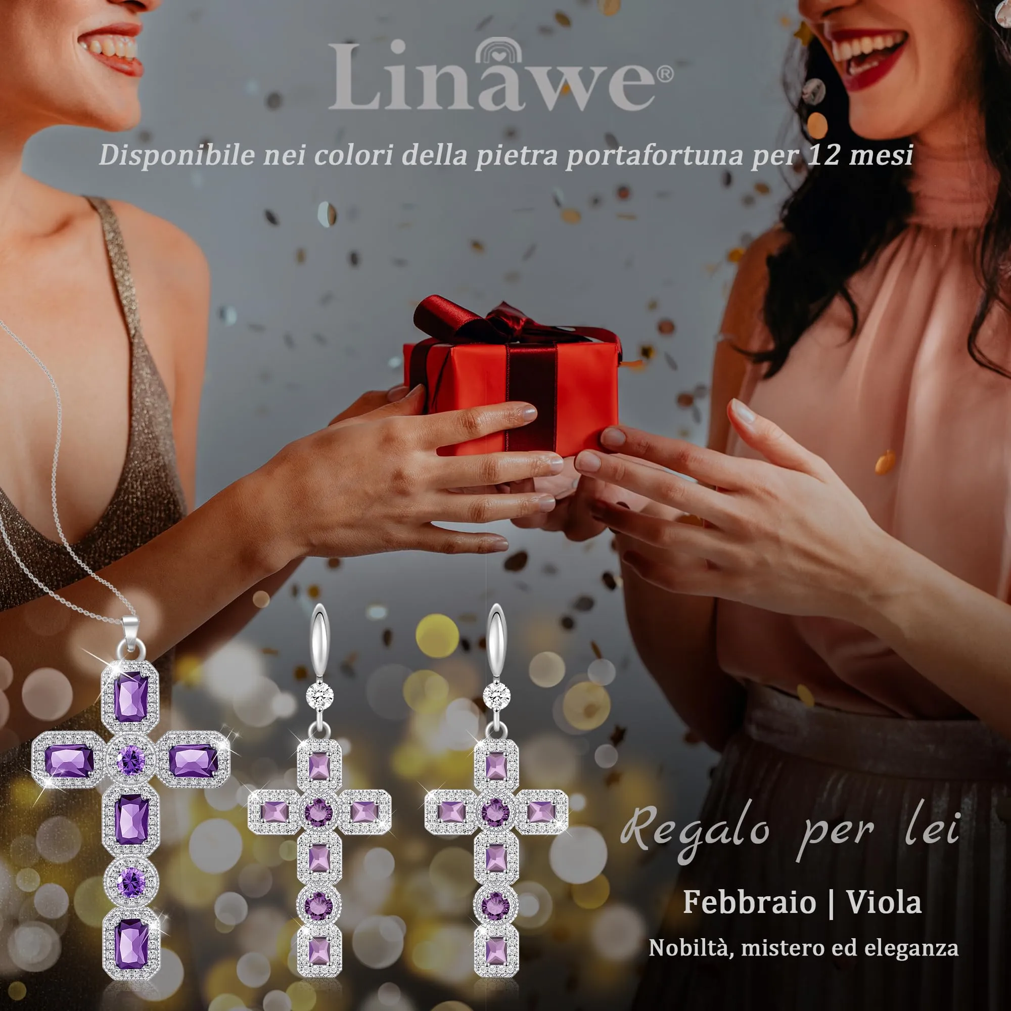 Linawe Collana a croce in argento con ametista e zirconia cubica per donna - immagine 5