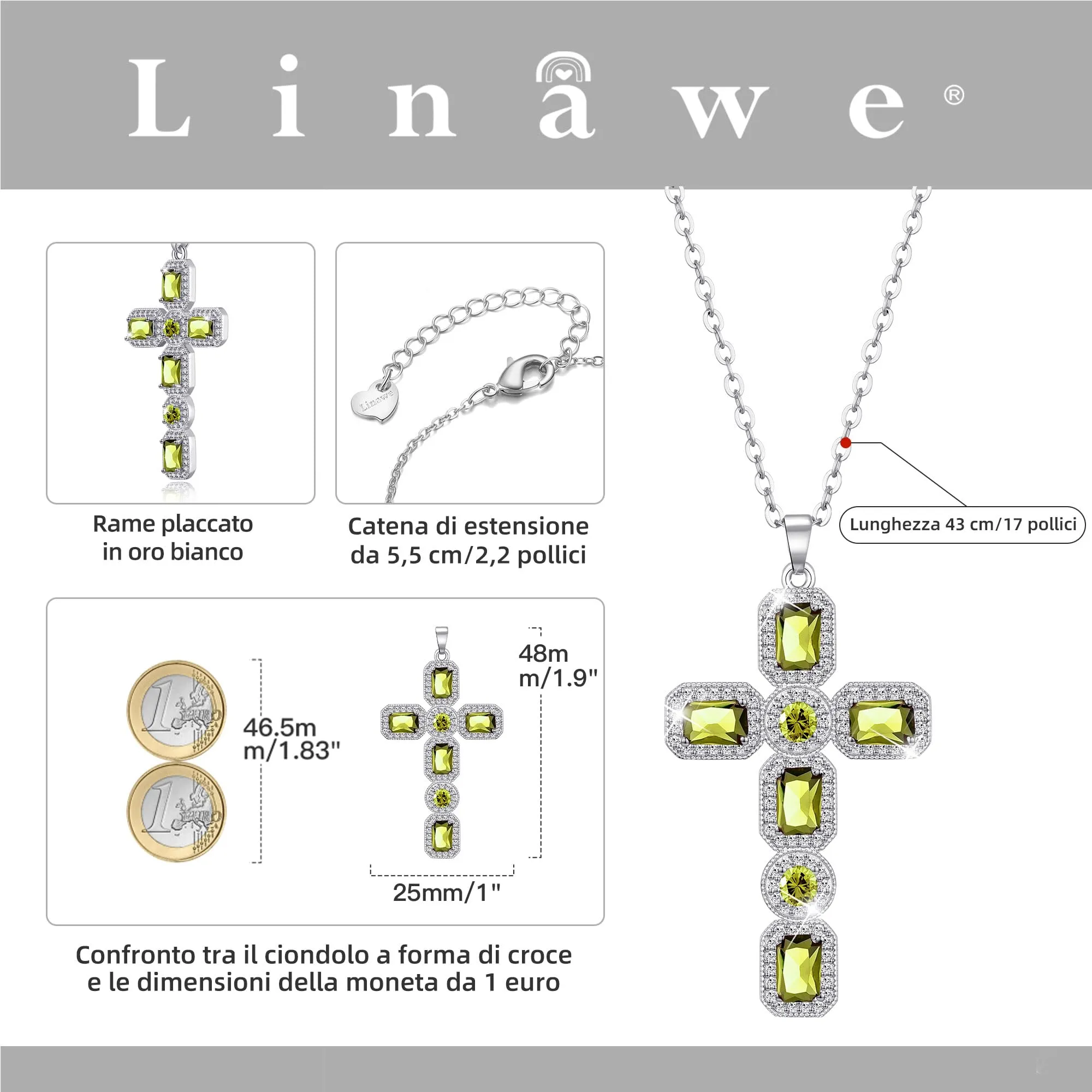 Linawe Collana a catena con ciondolo a croce in argento e peridoto verde - immagine 4