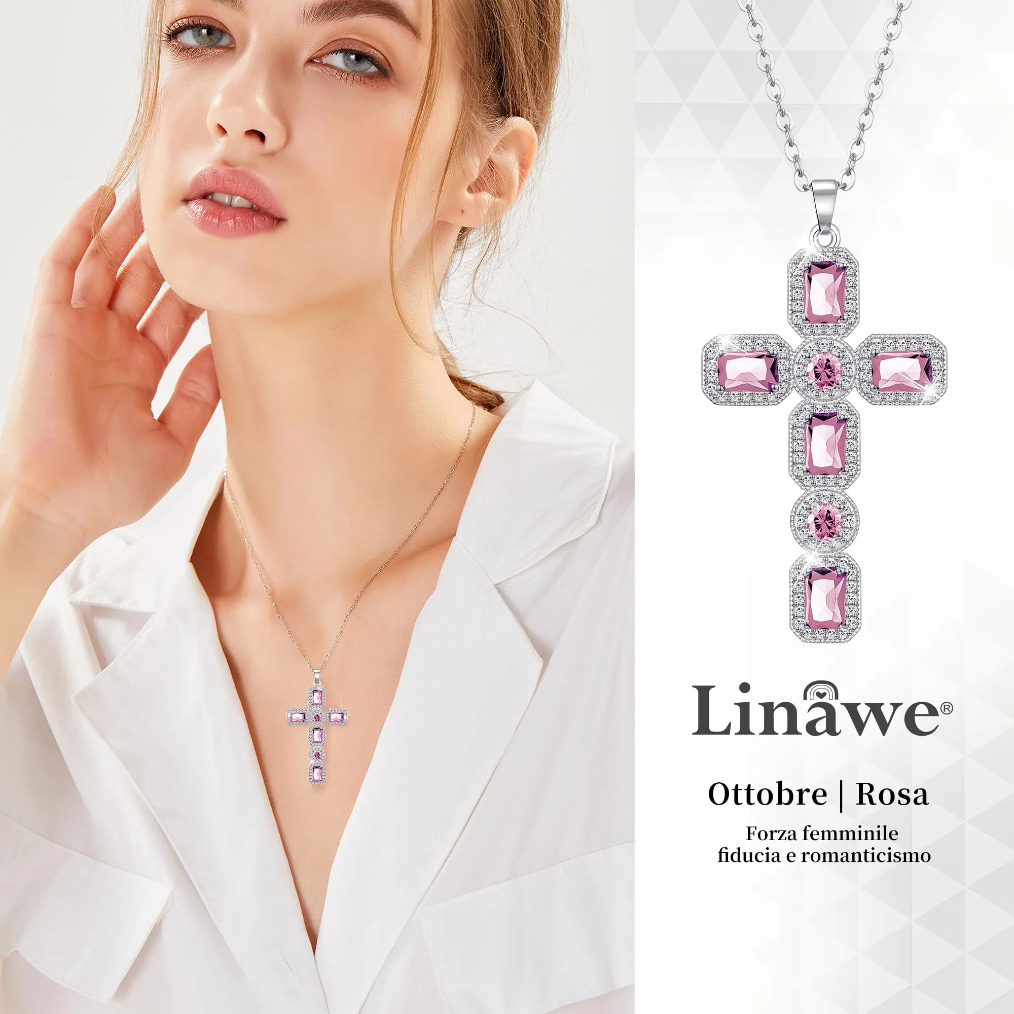 Linawe Collana a croce da donna con ciondolo in cristallo e zirconia, catena in acciaio inossidabile argento rosa - immagine 2