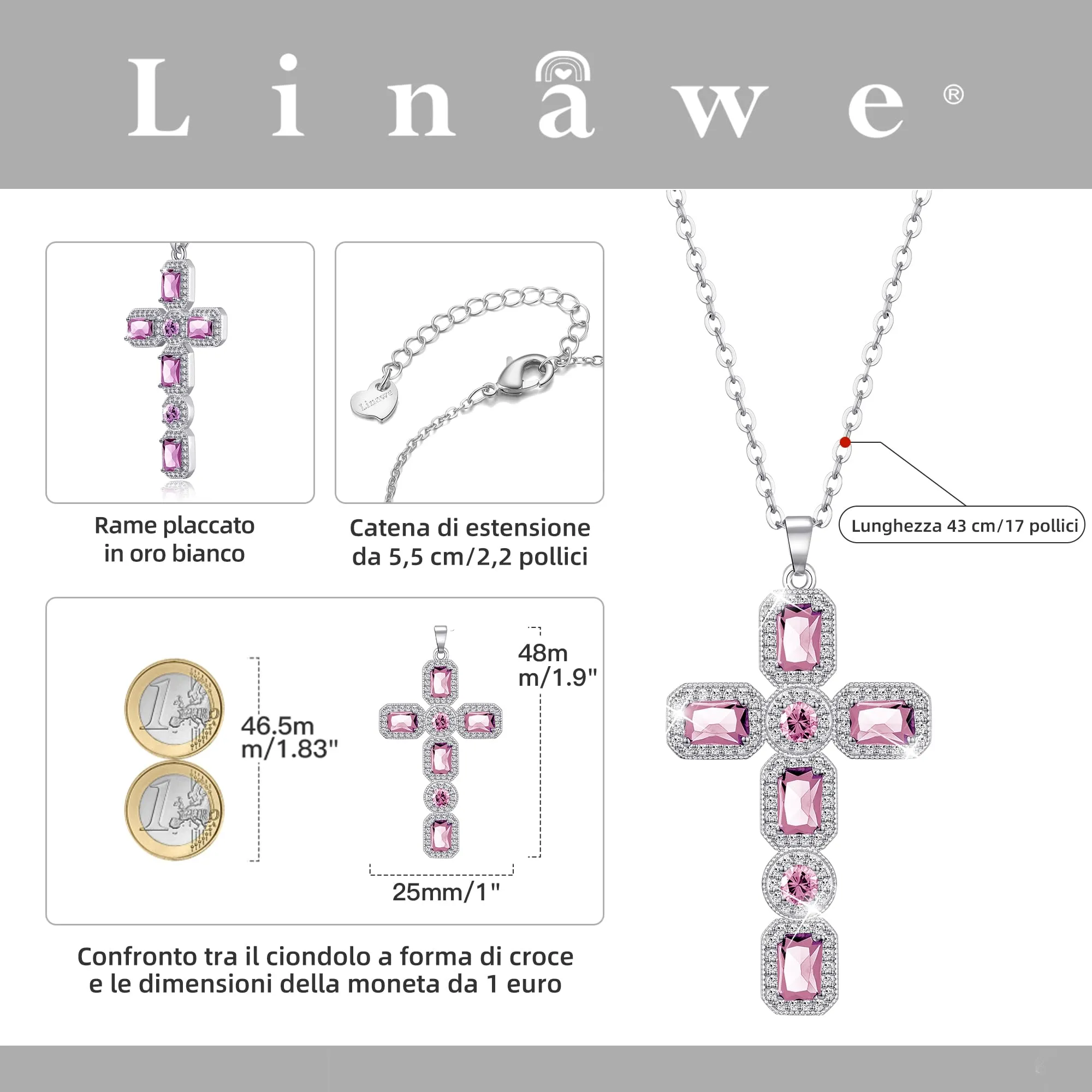 Linawe Collana a croce da donna con ciondolo in cristallo e zirconia, catena in acciaio inossidabile argento rosa - immagine 4