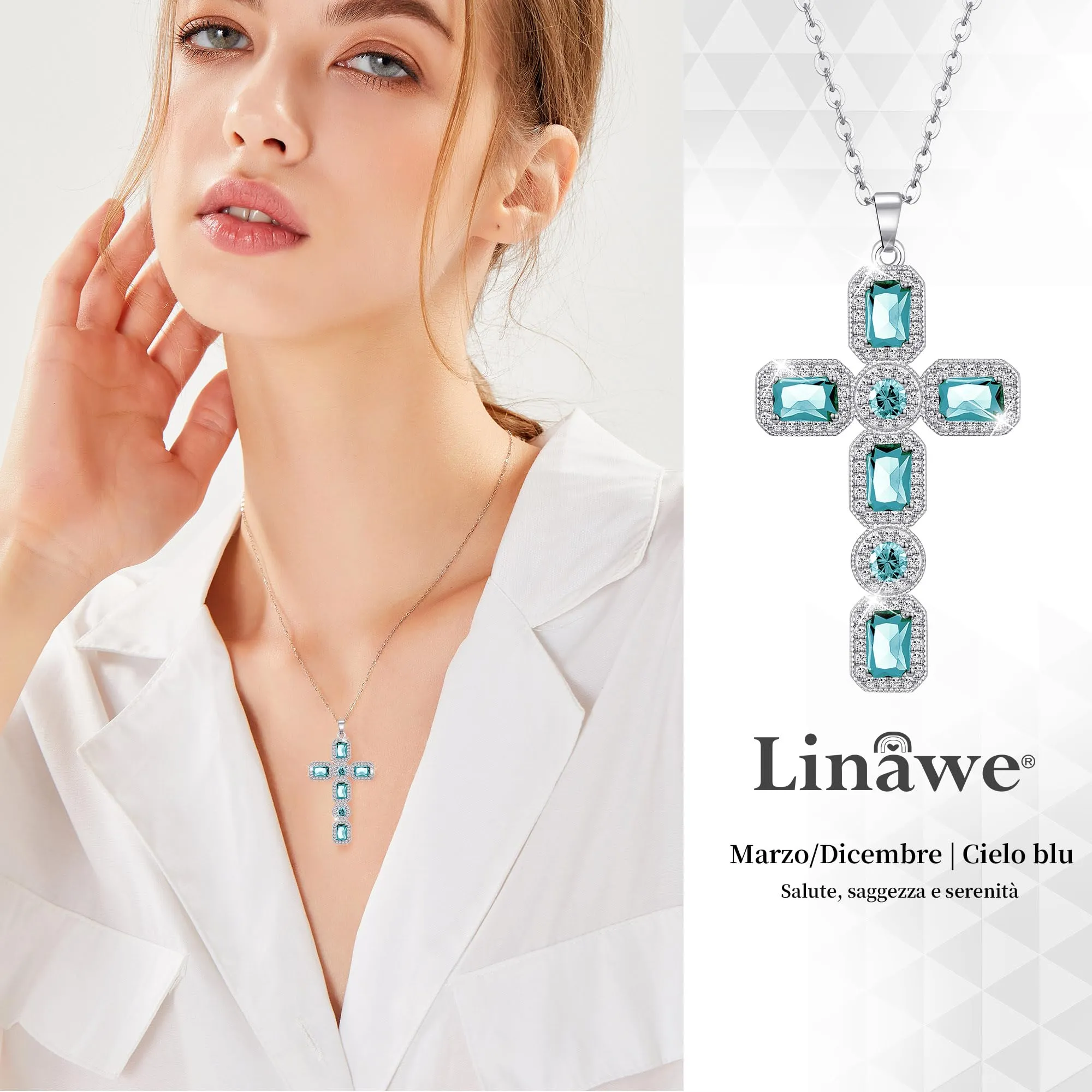 Linawe Collana a croce in argento con cristallo blu acquamarina e zirconi - immagine 2