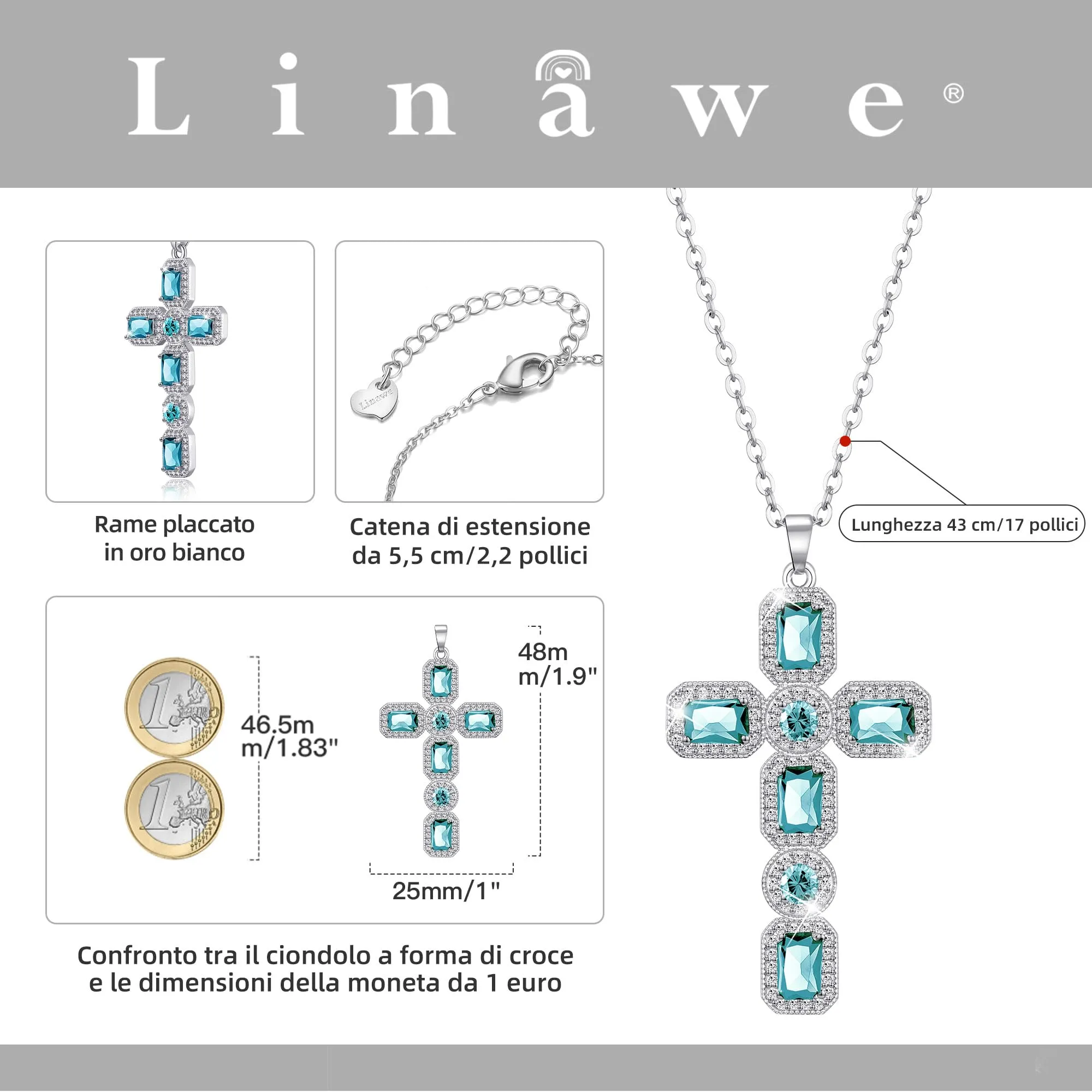 Linawe Collana a croce in argento con cristallo blu acquamarina e zirconi - immagine 4
