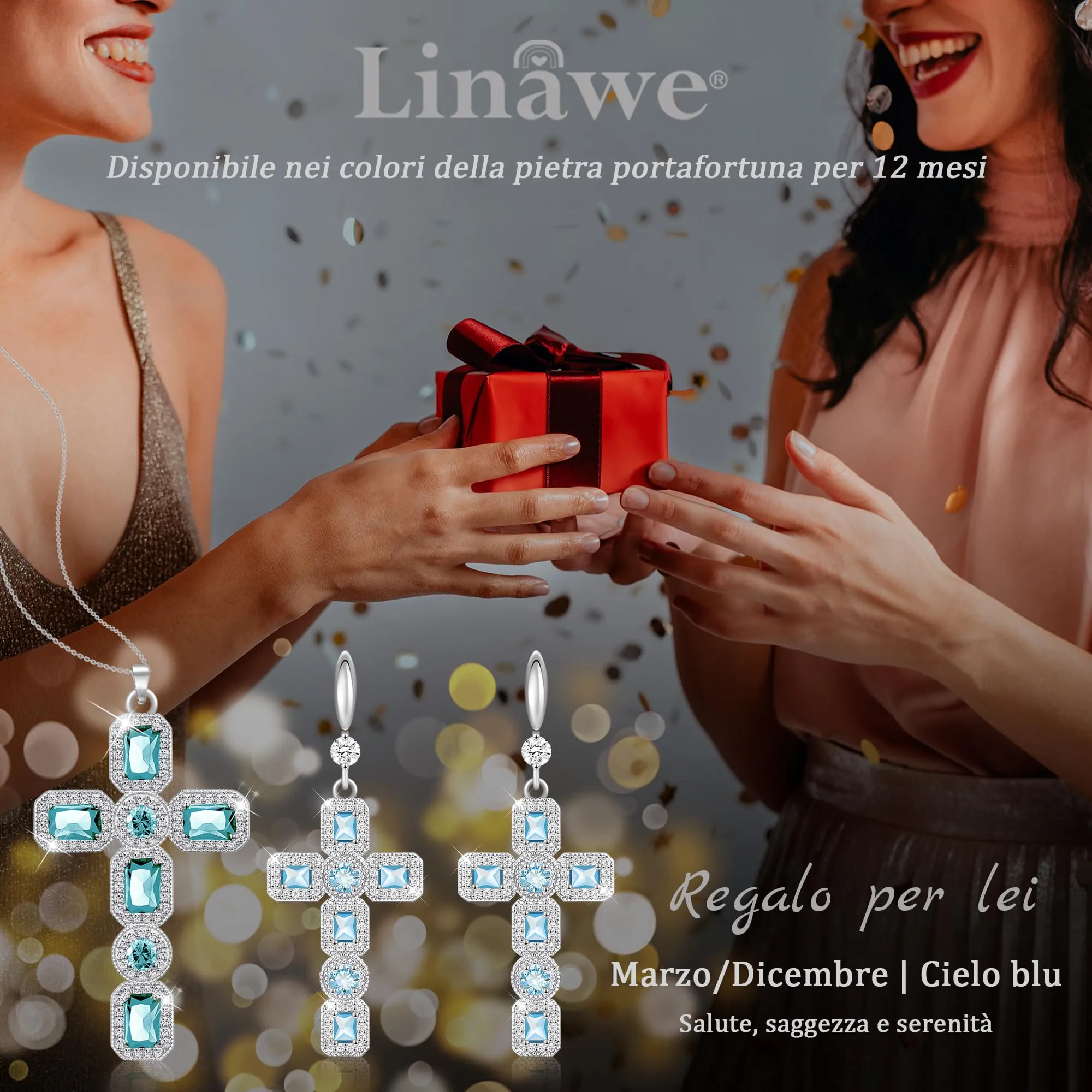 Linawe Collana a croce in argento con cristallo blu acquamarina e zirconi - immagine 5