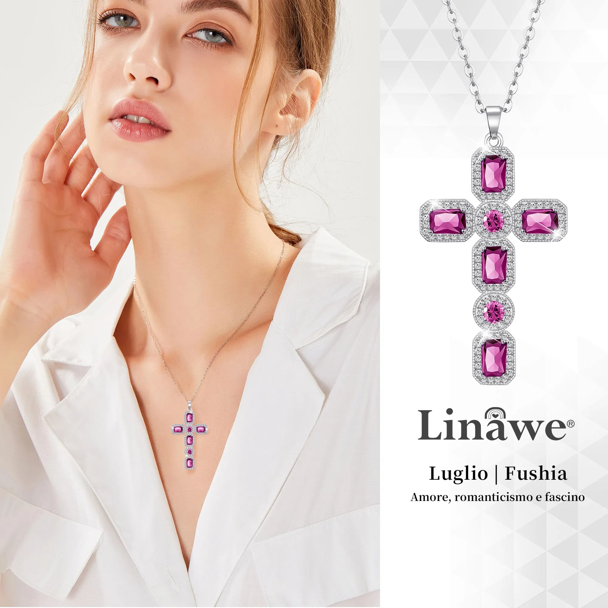 Linawe Collana a croce in argento con ciondolo in cristallo rosa e zirconia cubica per donna - immagine 2