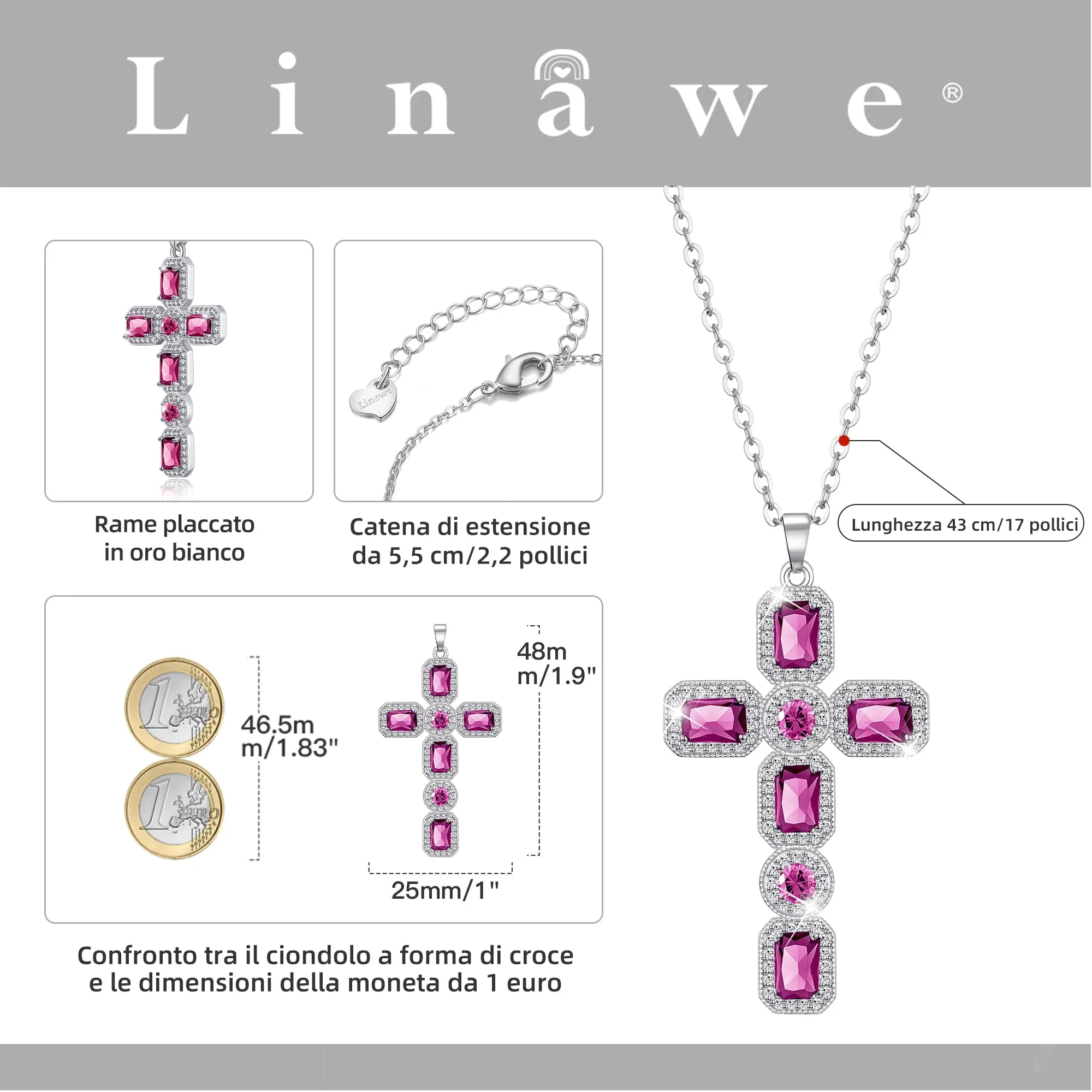 Linawe Collana a croce in argento con ciondolo in cristallo rosa e zirconia cubica per donna - immagine 4