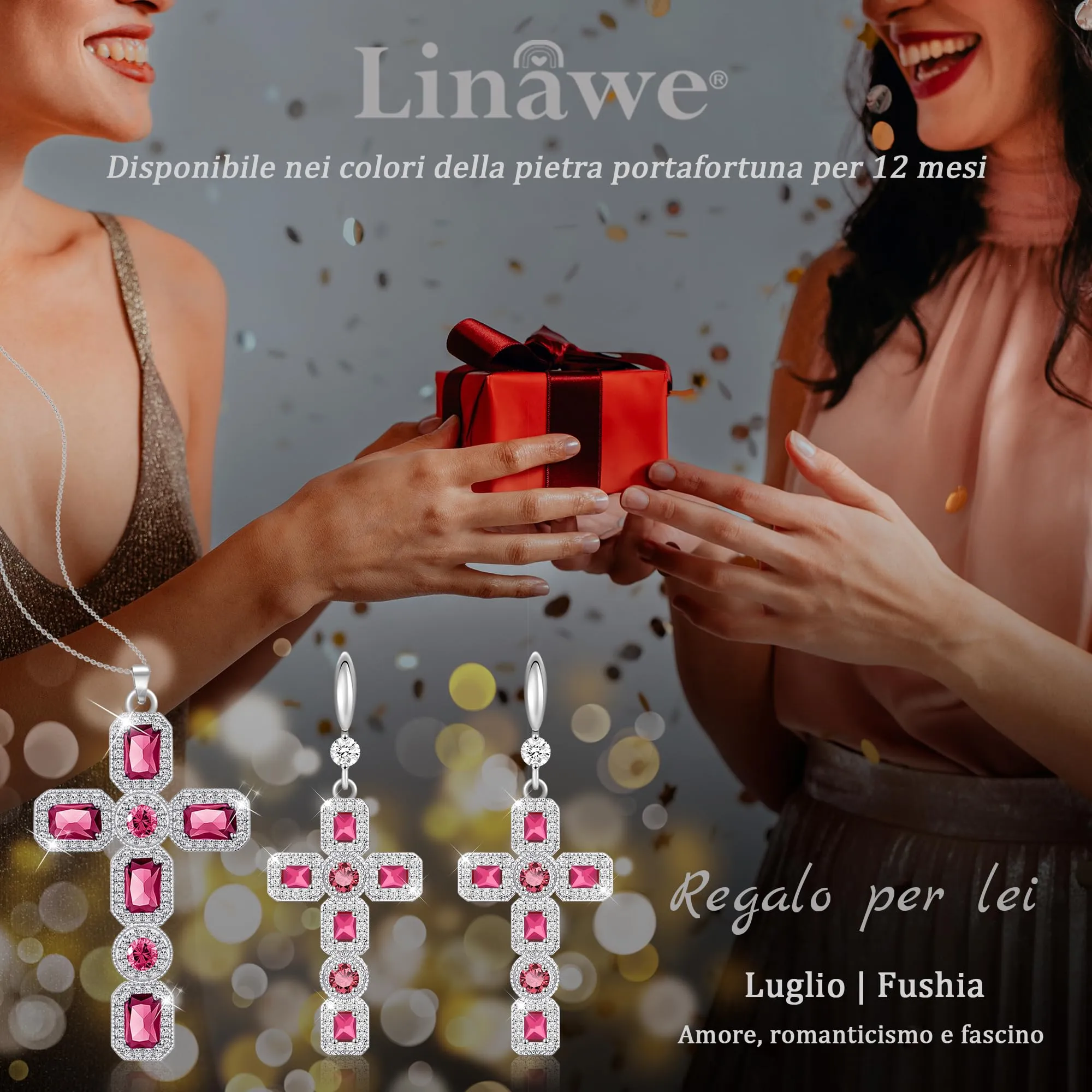 Linawe Collana a croce in argento con ciondolo in cristallo rosa e zirconia cubica per donna - immagine 5