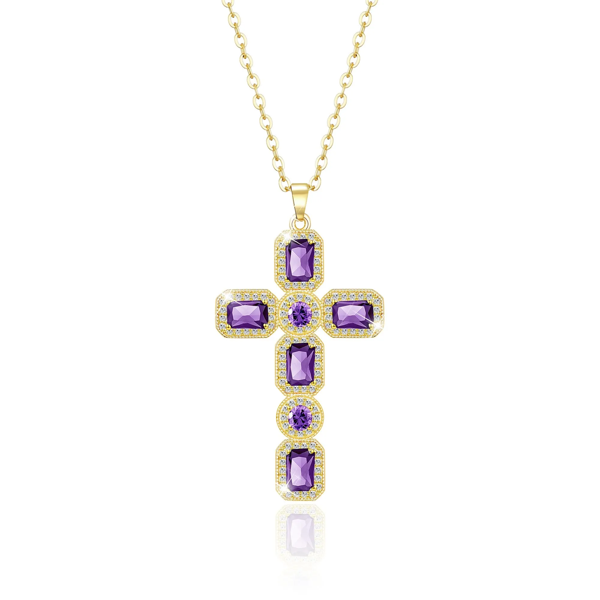 Linawe Collana in oro con ciondolo a croce in ametista e zirconi per donna - immagine 1