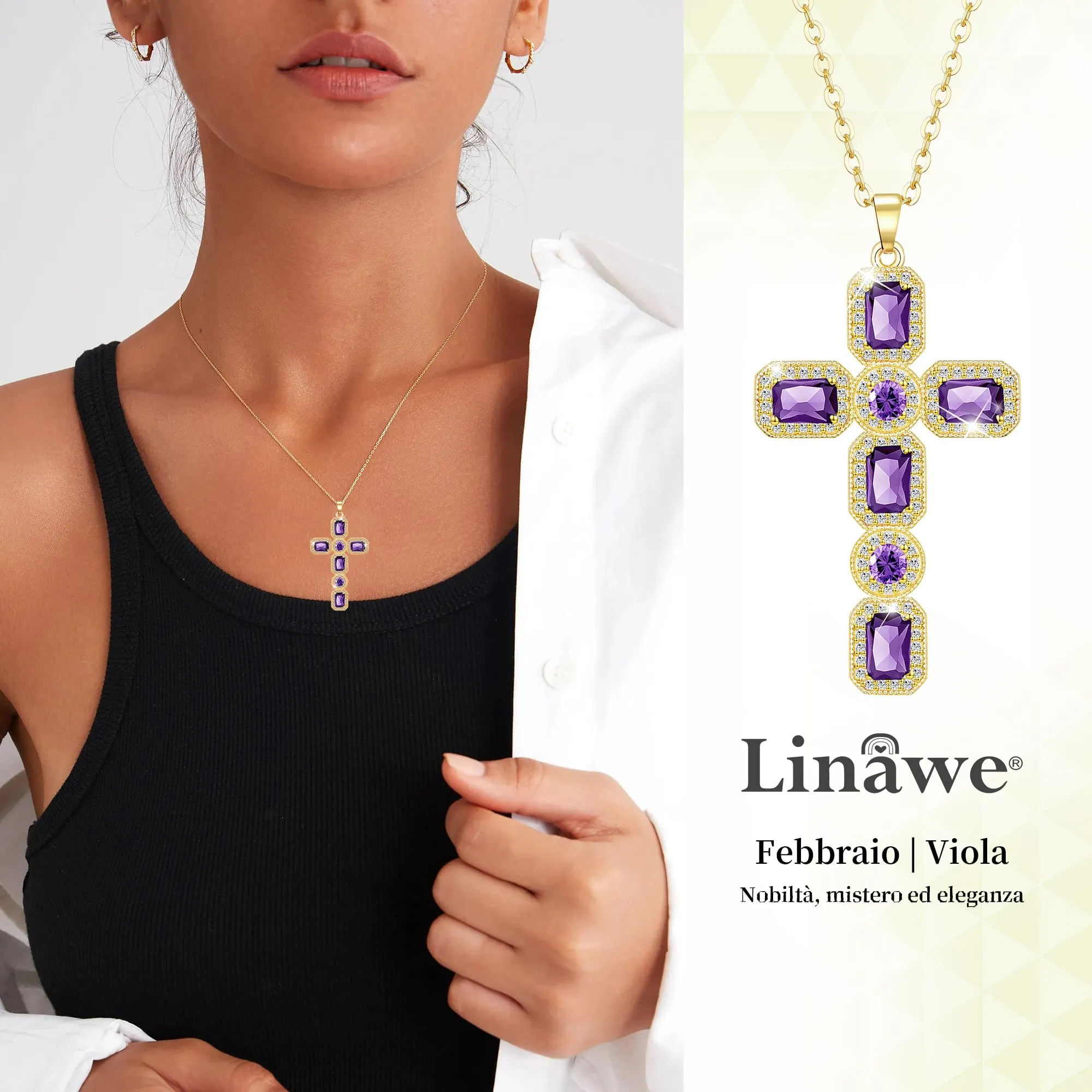 Linawe Collana in oro con ciondolo a croce in ametista e zirconi per donna - immagine 2