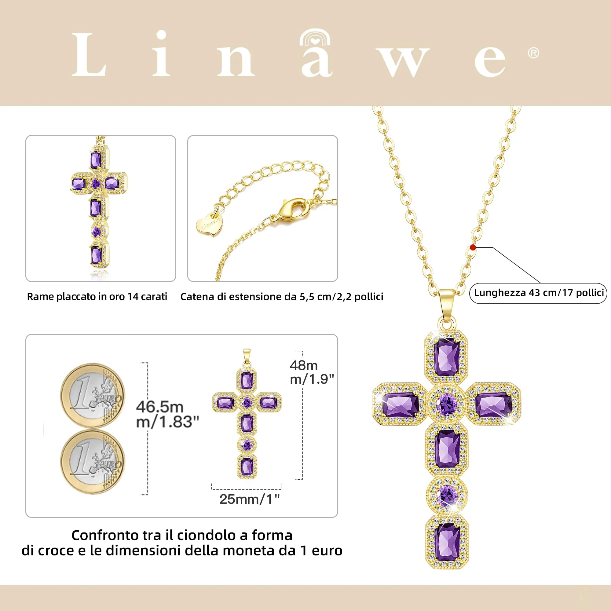 Linawe Collana in oro con ciondolo a croce in ametista e zirconi per donna - immagine 4