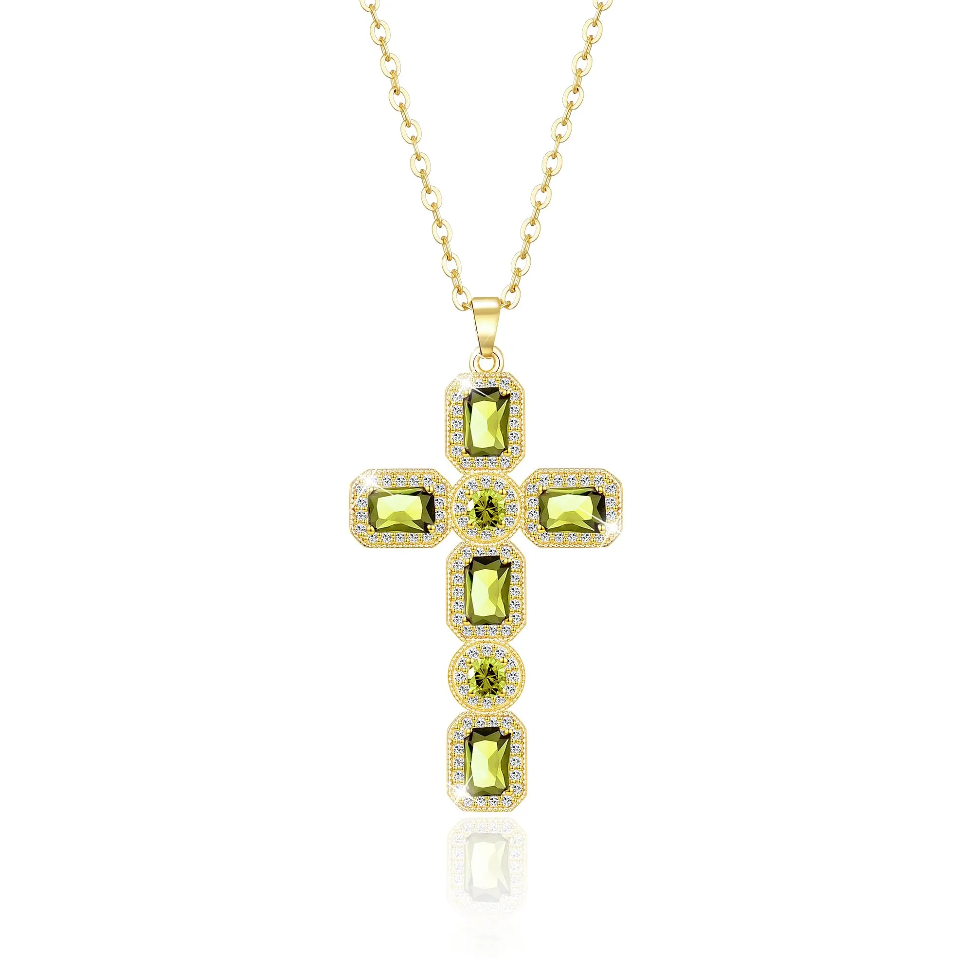 Linawe Collana a croce in oro 14k con peridoto e zirconi, placcata in oro - immagine 1