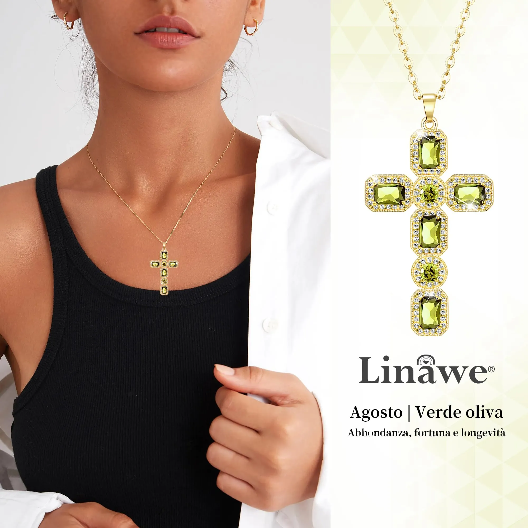 Linawe Collana a croce in oro 14k con peridoto e zirconi, placcata in oro - immagine 2