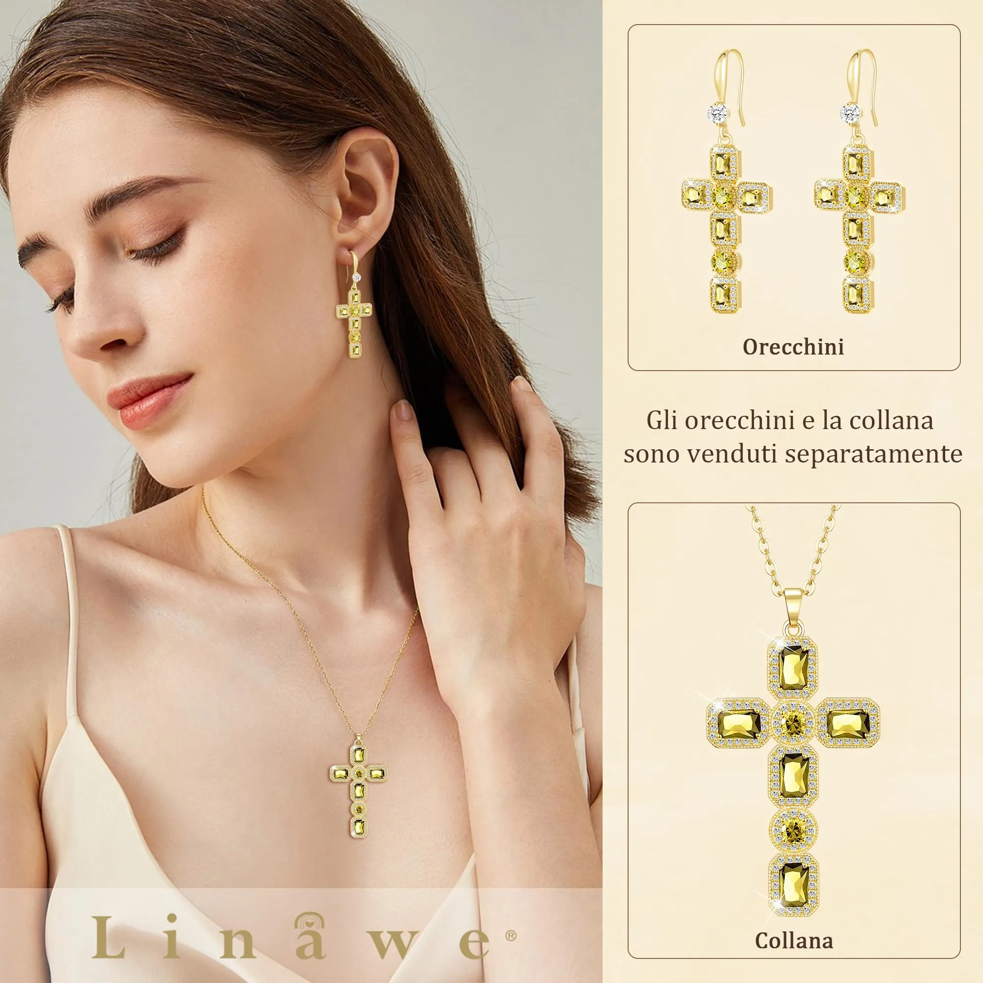 Linawe Collana a croce in oro 14k con peridoto e zirconi, placcata in oro - immagine 3
