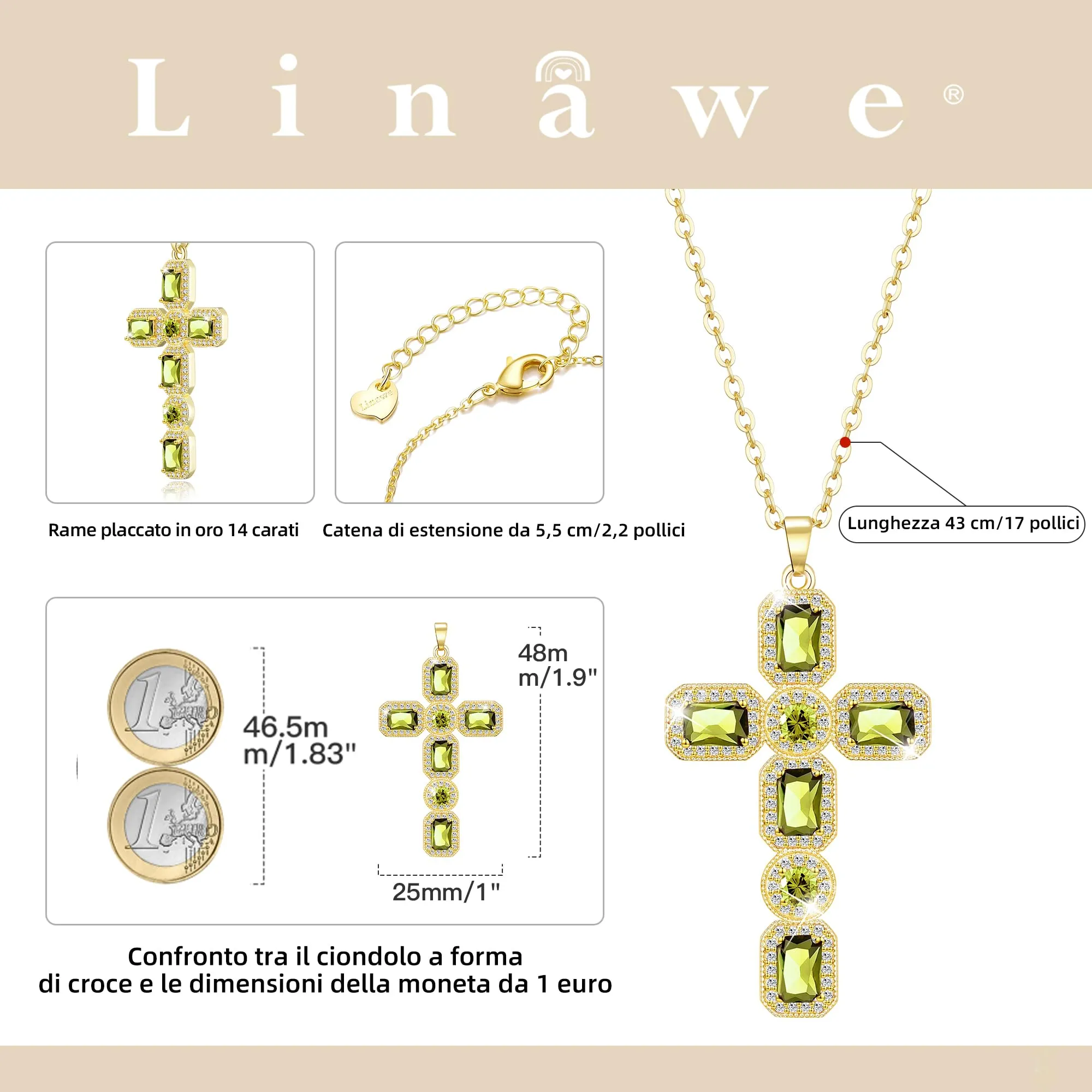 Linawe Collana a croce in oro 14k con peridoto e zirconi, placcata in oro - immagine 4