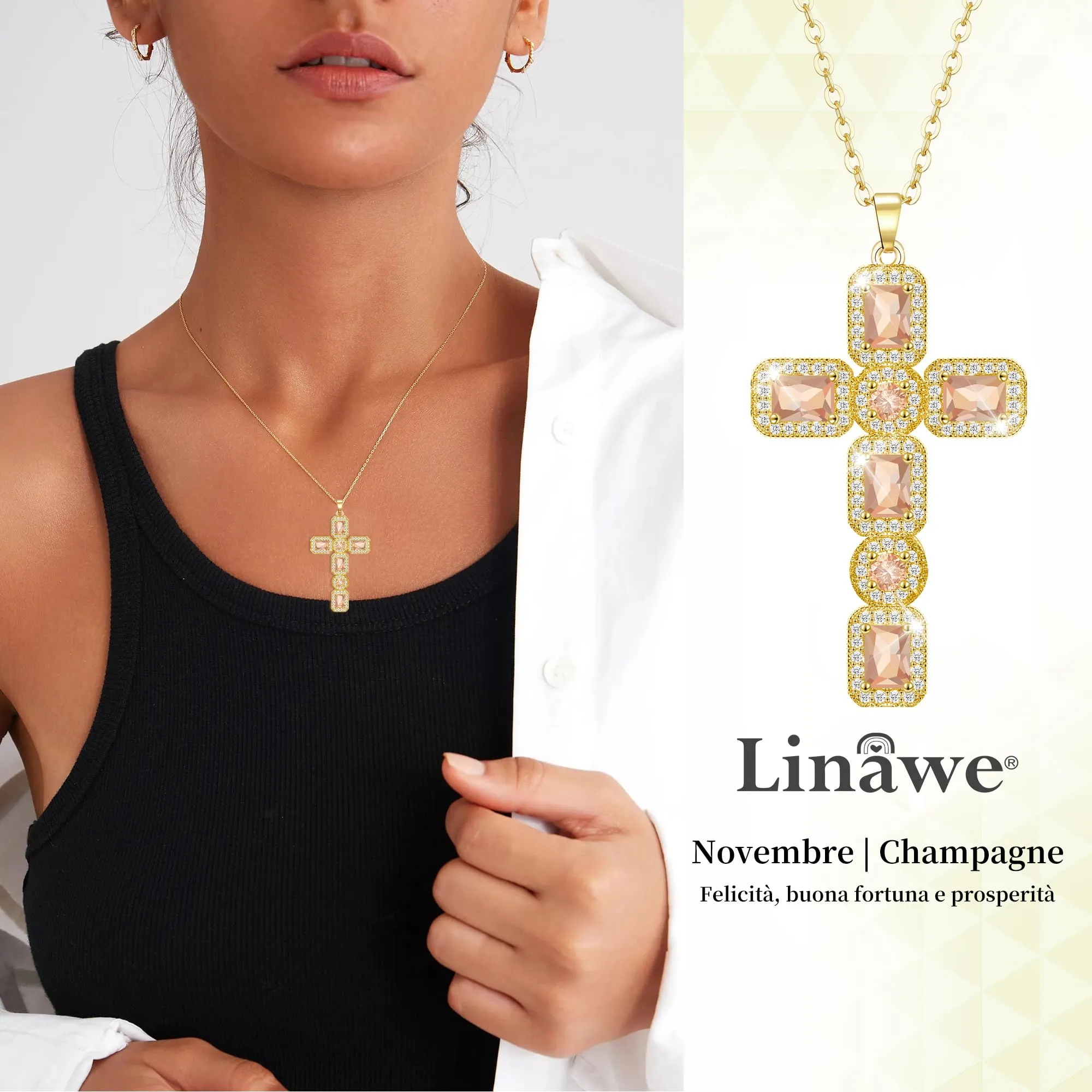 Linawe Collana con pendente a croce in oro 14k e citrino giallo - immagine 2