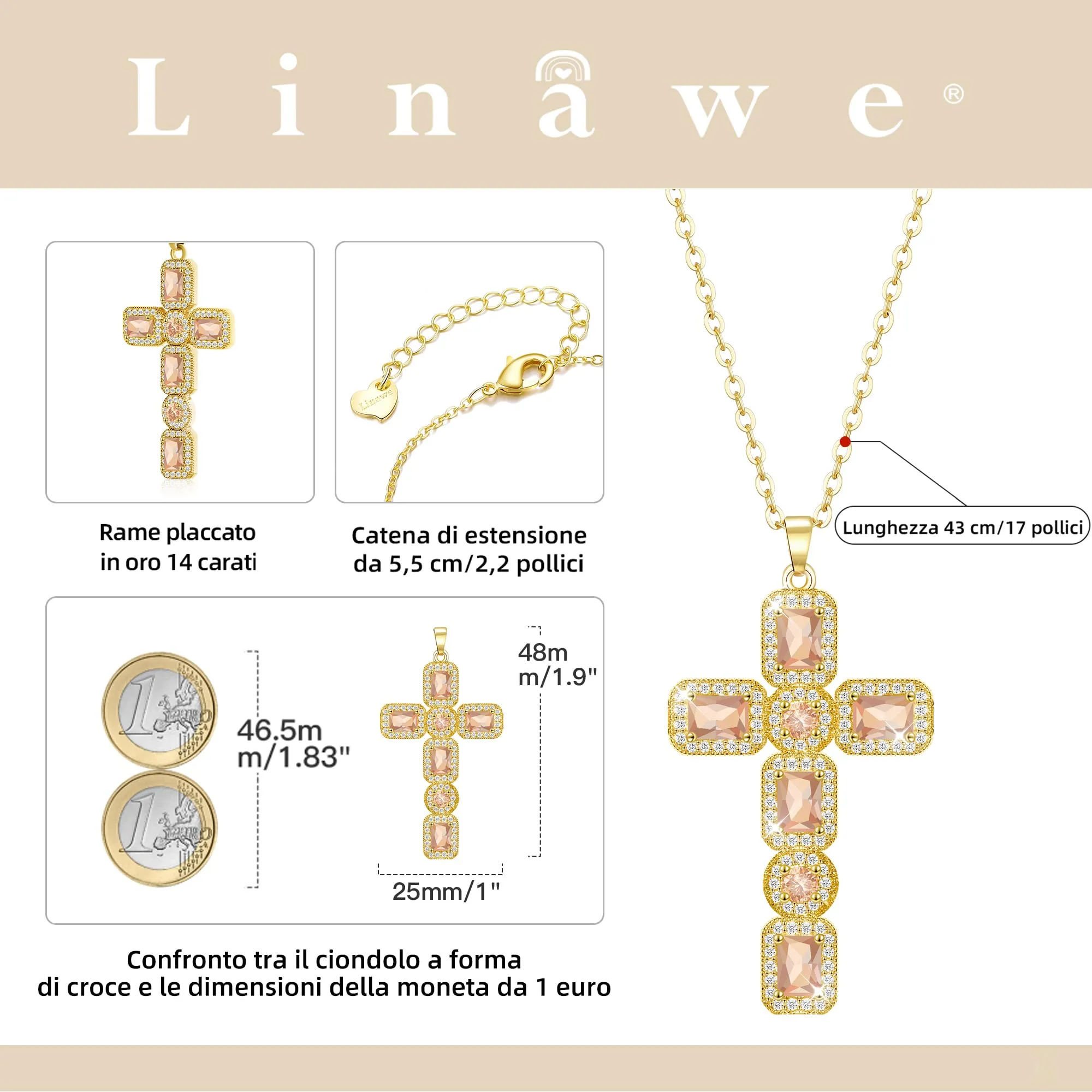 Linawe Collana con pendente a croce in oro 14k e citrino giallo - immagine 4
