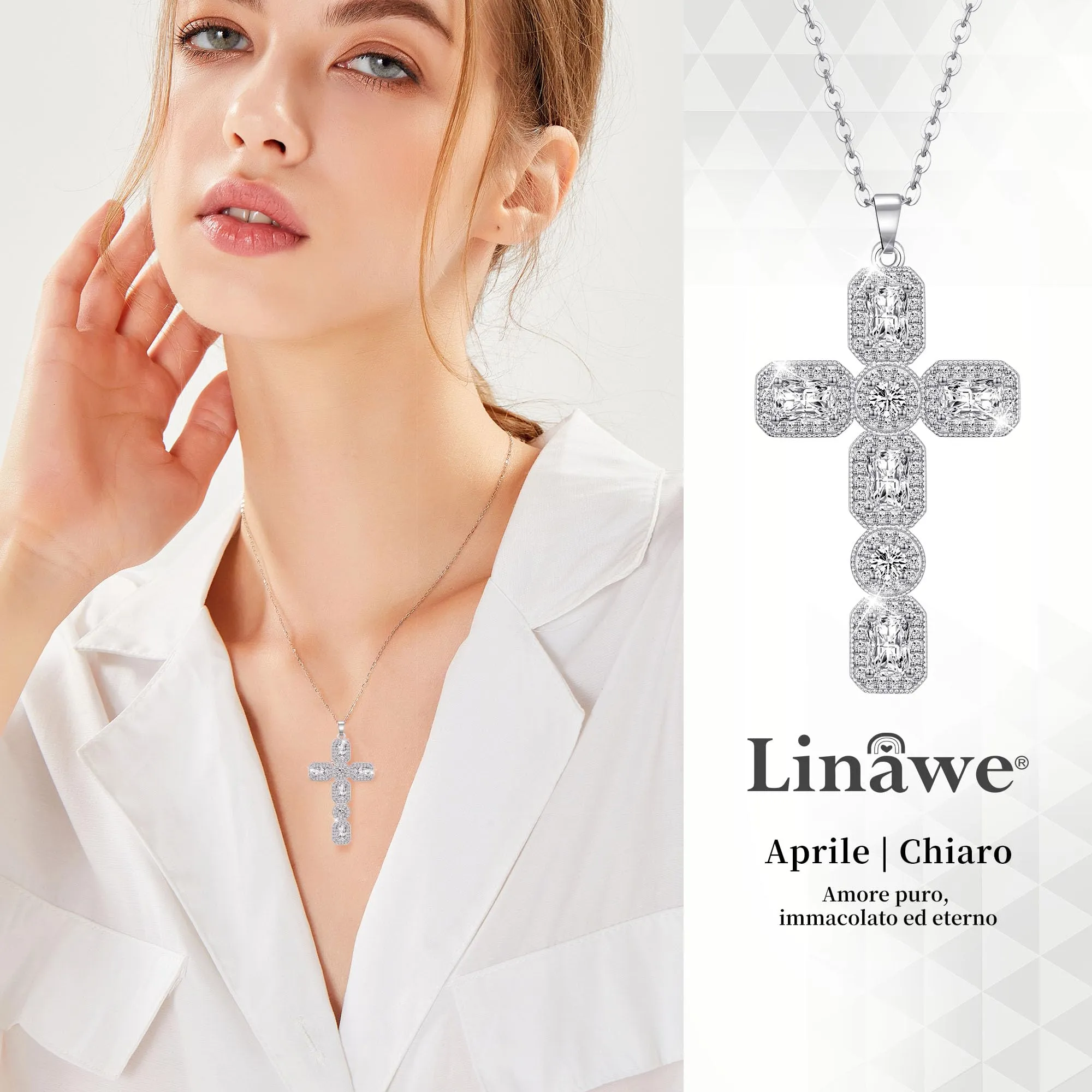 Linawe Collana a croce con cristallo e zirconia cubica in argento per donna - immagine 2