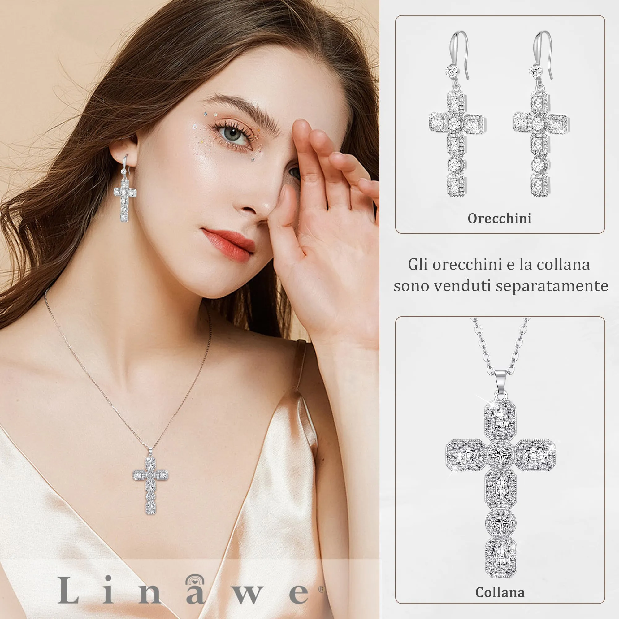 Linawe Collana a croce con cristallo e zirconia cubica in argento per donna - immagine 3