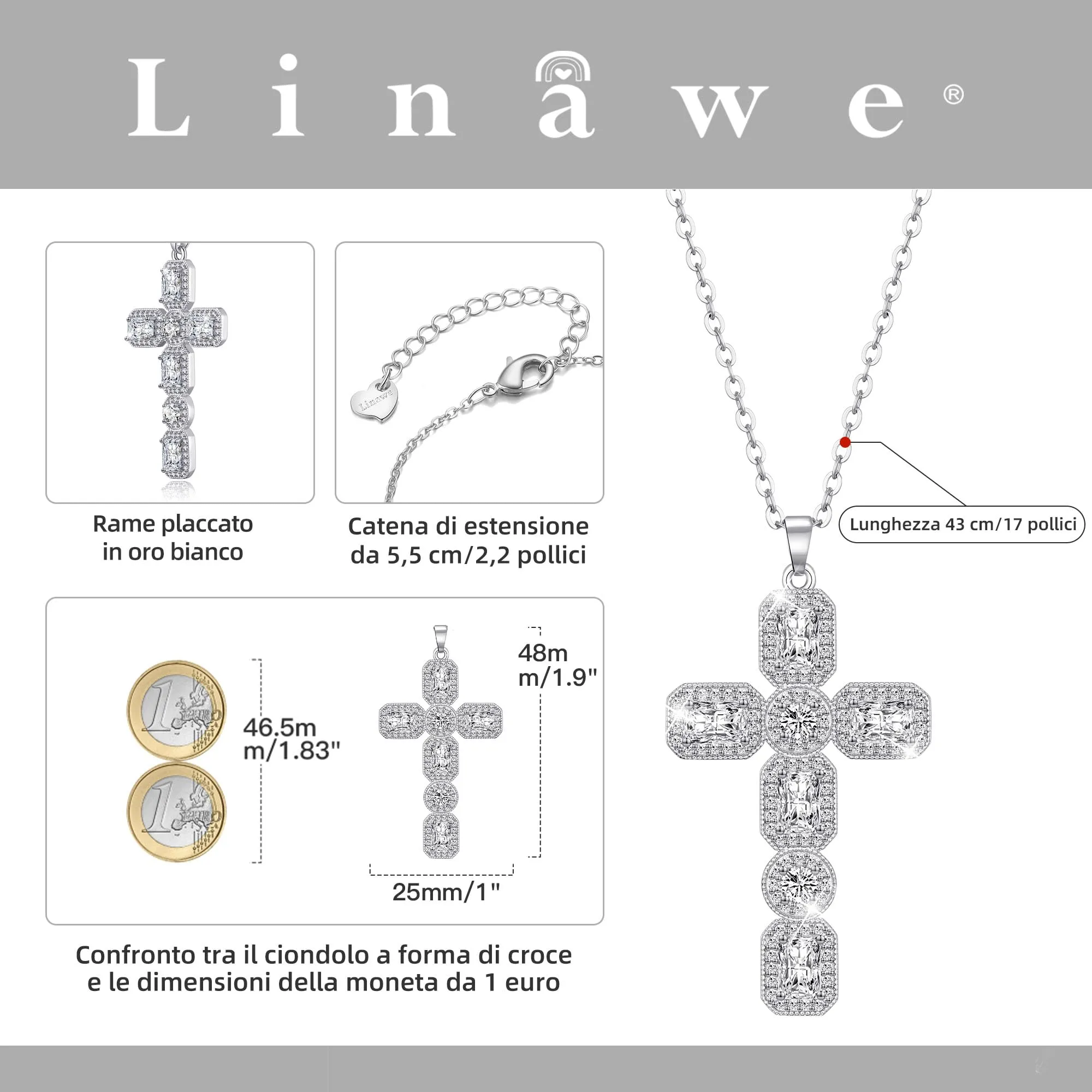 Linawe Collana a croce con cristallo e zirconia cubica in argento per donna - immagine 4