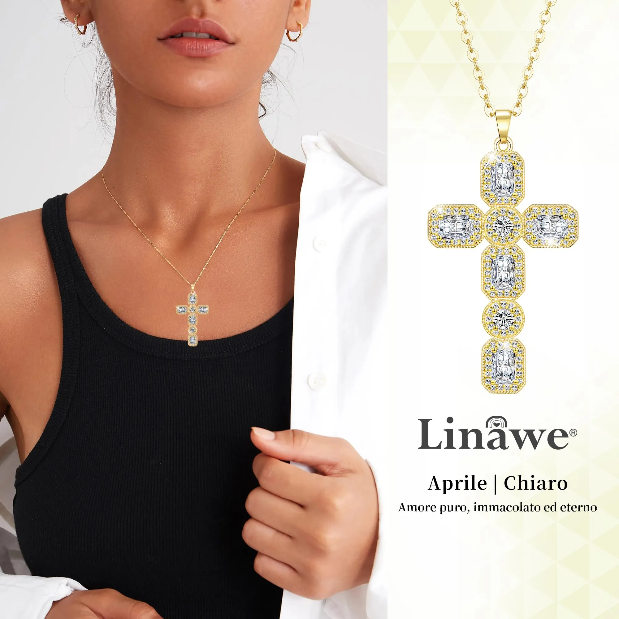 Linawe Collana a croce con ciondolo in cristallo e catena placcata in oro 14k per donna - immagine 2