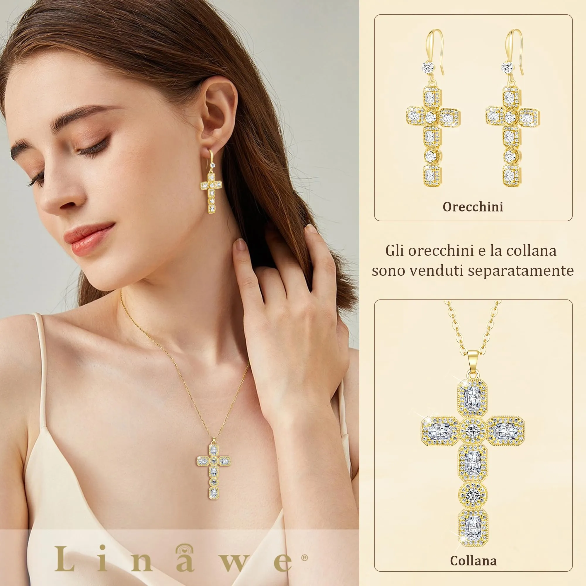 Linawe Collana a croce con ciondolo in cristallo e catena placcata in oro 14k per donna - immagine 3