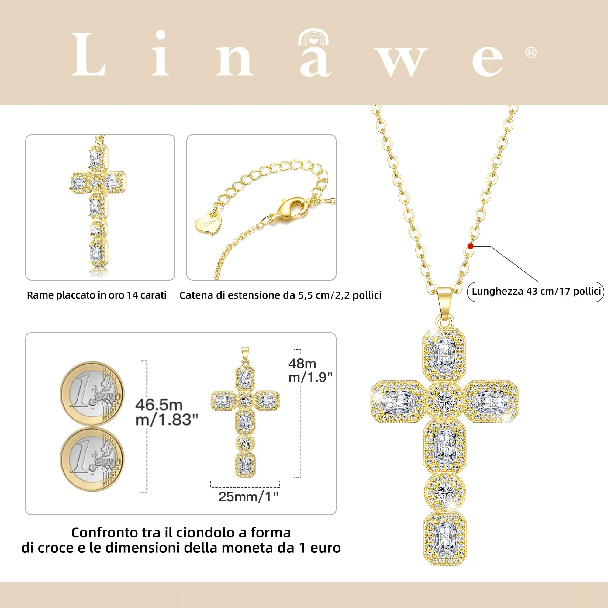 Linawe Collana a croce con ciondolo in cristallo e catena placcata in oro 14k per donna - immagine 4