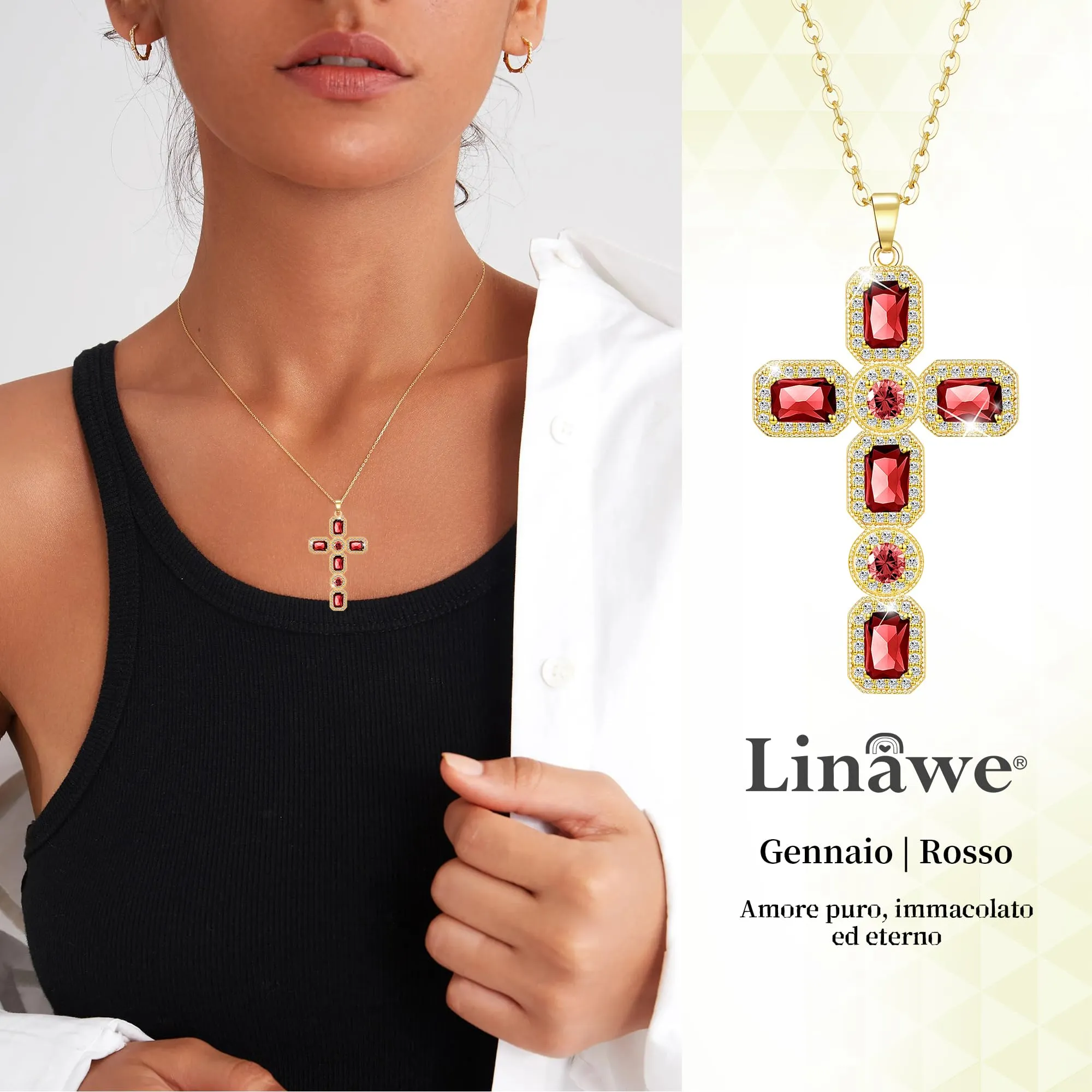 Linawe Collana a croce con rubino rosso in oro 14k placcato e zirconi - immagine 2