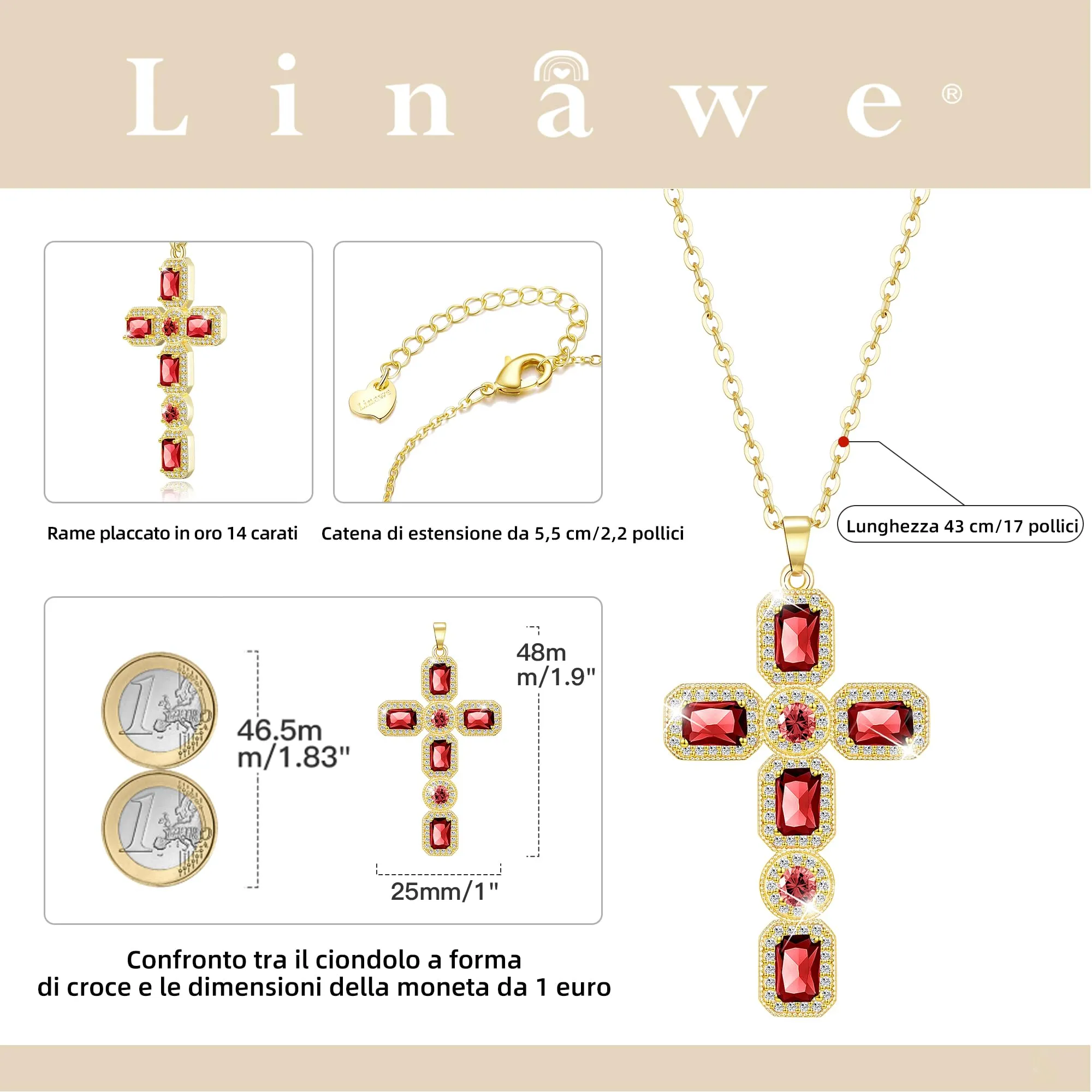 Linawe Collana a croce con rubino rosso in oro 14k placcato e zirconi - immagine 4