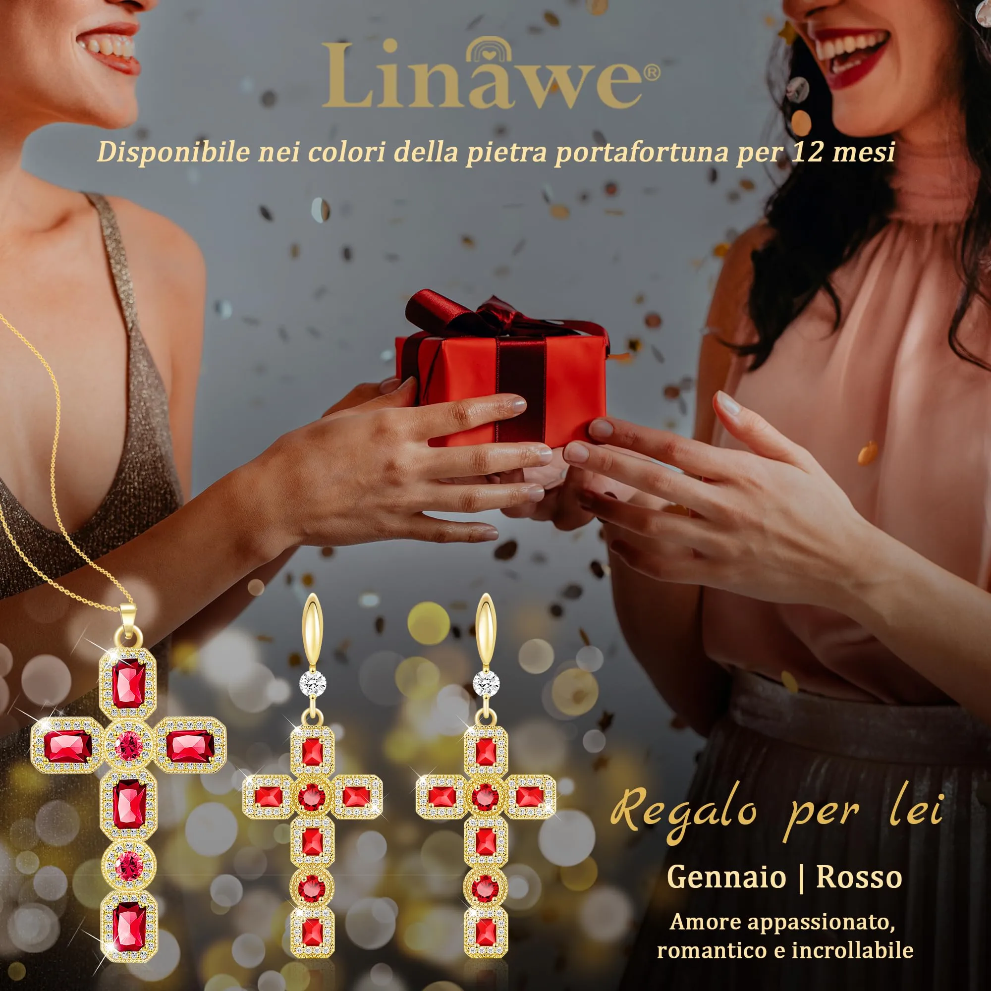 Linawe Collana a croce con rubino rosso in oro 14k placcato e zirconi - immagine 5