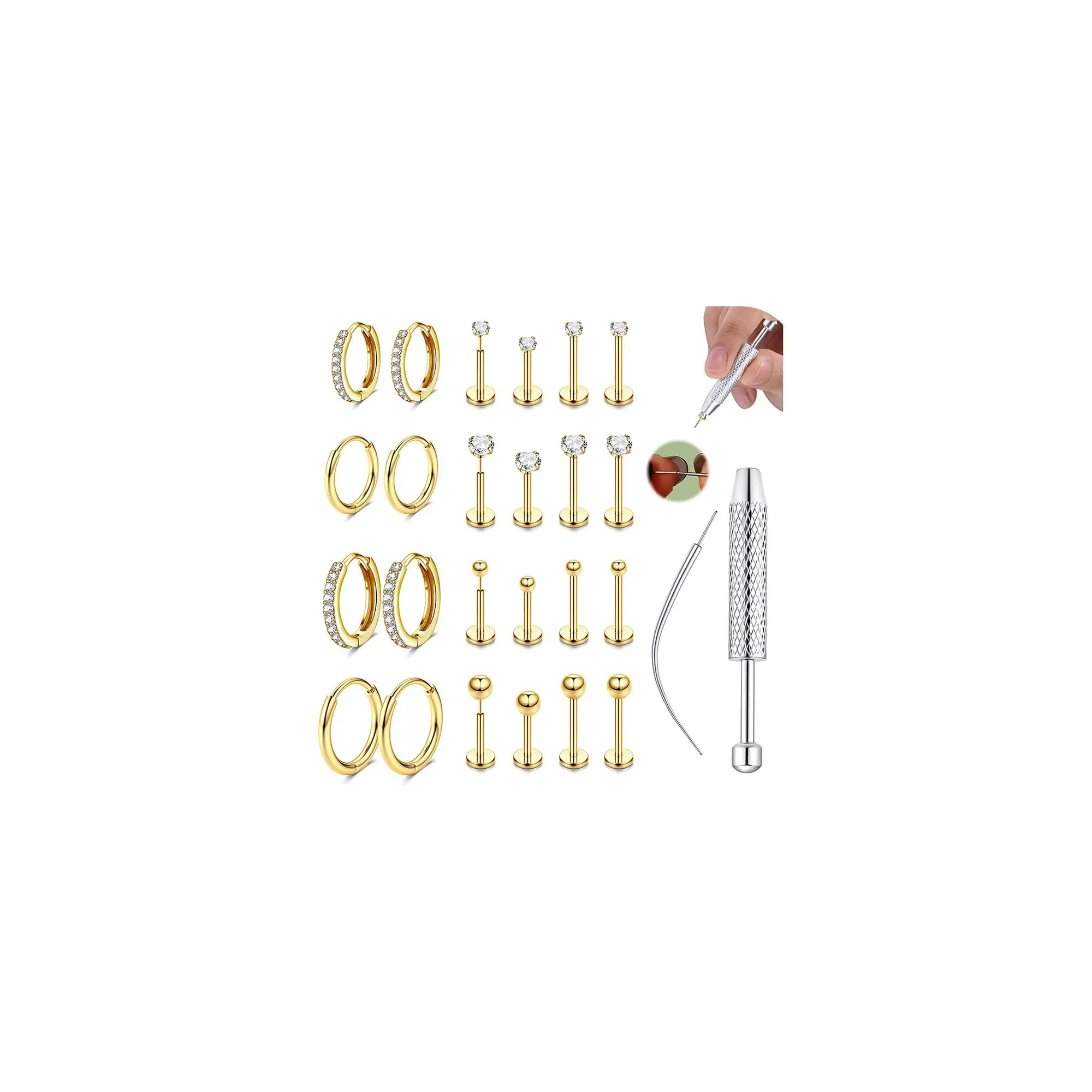 CASSIECA Set 12 Paia Orecchini in Acciaio Chirurgico 316L Placcati Oro 14K, Piercing Helix Trago Conch Anallergici - immagine 1