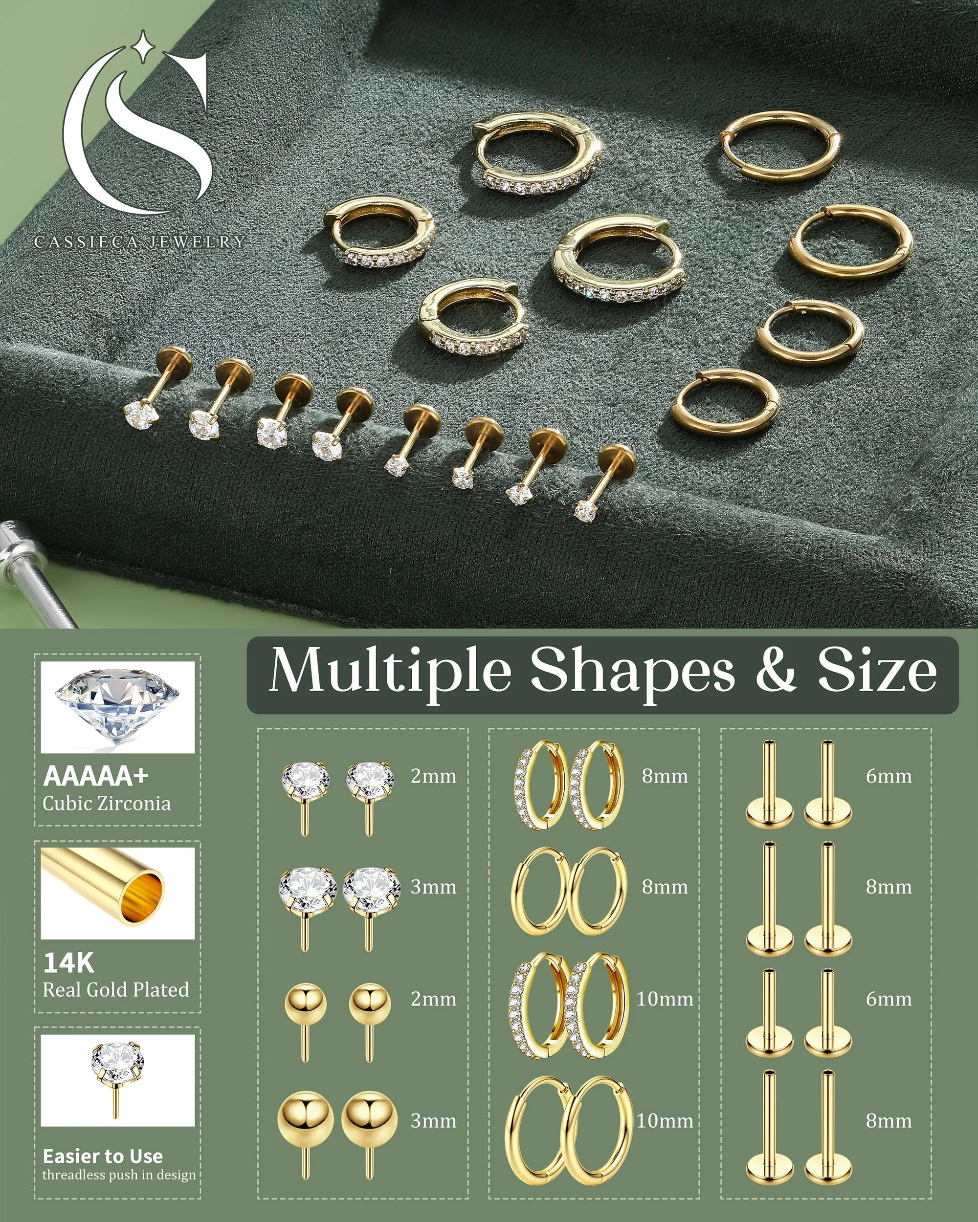 CASSIECA Set 12 Paia Orecchini in Acciaio Chirurgico 316L Placcati Oro 14K, Piercing Helix Trago Conch Anallergici - immagine 2
