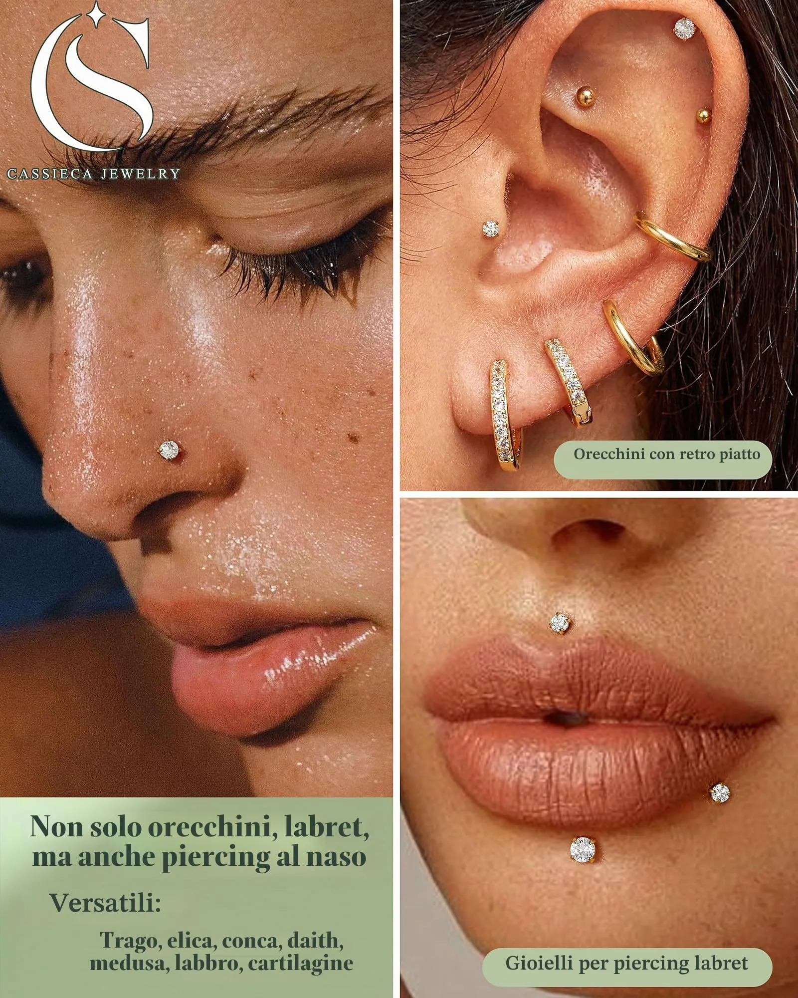 CASSIECA Set 12 Paia Orecchini in Acciaio Chirurgico 316L Placcati Oro 14K, Piercing Helix Trago Conch Anallergici - immagine 4